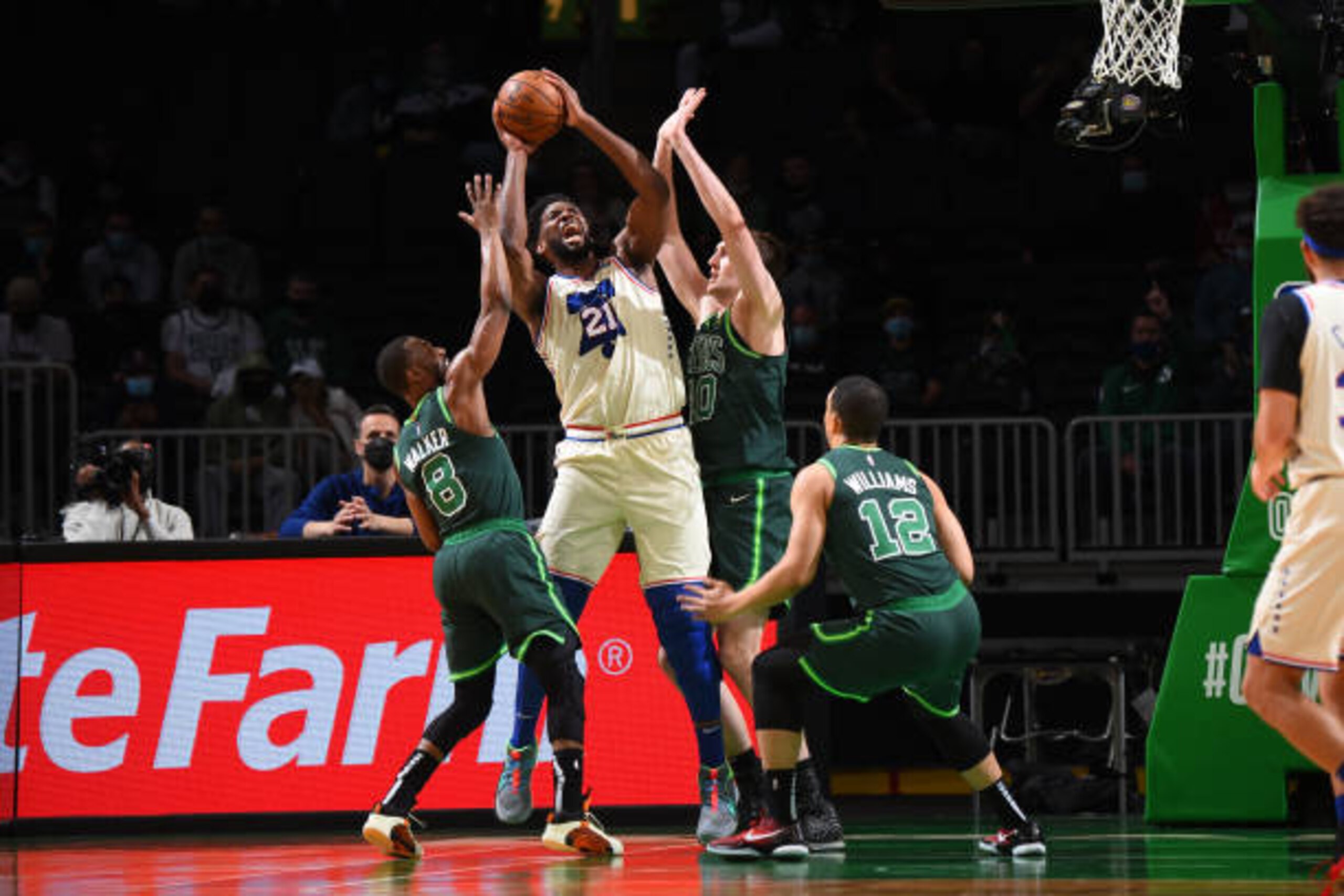 BOSTON, MA - APRIL 6: Joel Embiid #21 of the Philadelphia 76ers drives to the basket against the Boston Celtics on April 6, 2021, 2021 at the TD Garden in Boston, Massachusetts.  NOTE TO USER: User expressly acknowledges and agrees that, by downloading and or using this photograph, User is consenting to the terms and conditions of the Getty Images License Agreement. Mandatory Copyright Notice: Copyright 2021 NBAE  (Photo by Brian Babineau/NBAE via Getty Images)