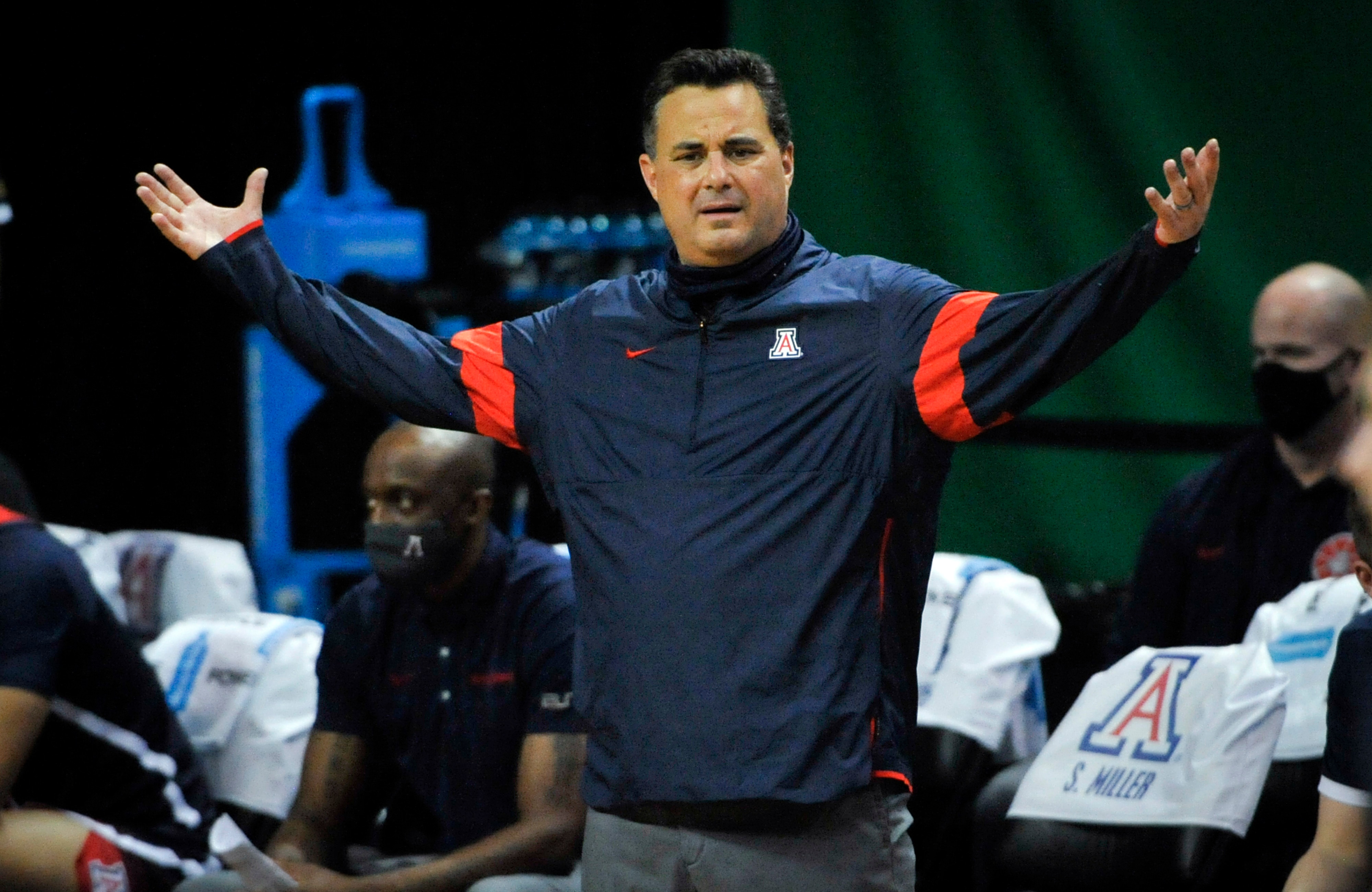 Arizona head coach Sean Miller questions a call during the second half of an NCAA college basketball game against Arizona, Monday, March 1, 2021, in Eugene, Ore. (AP Photo/Andy Nelson)