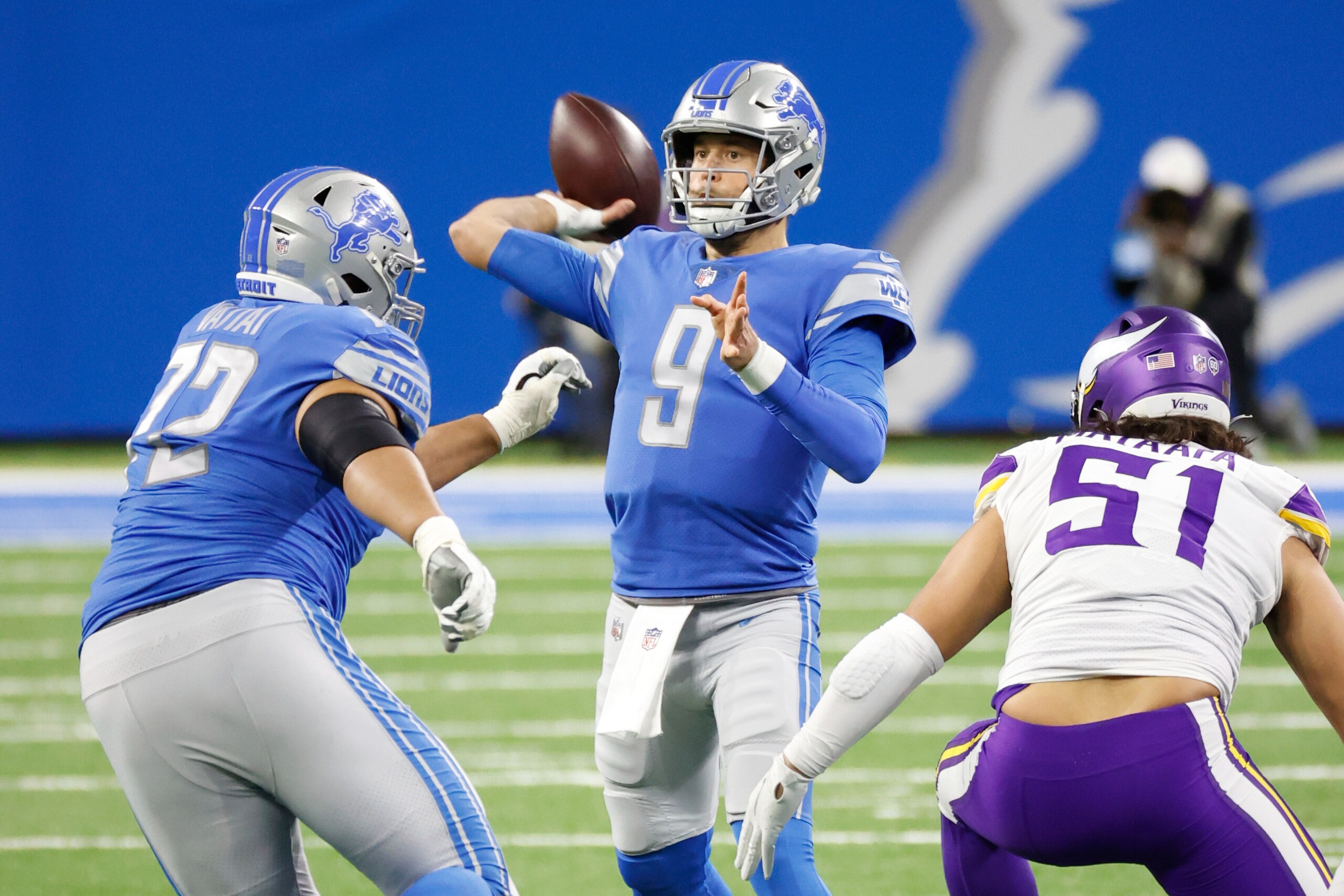 Detroit Lions quarterback Matthew Stafford (9) passes in the first half against the Minnesota Vikings during an NFL football game, Saturday, Jan. 3, 2021, in Detroit. (AP Photo/Rick Osentoski)