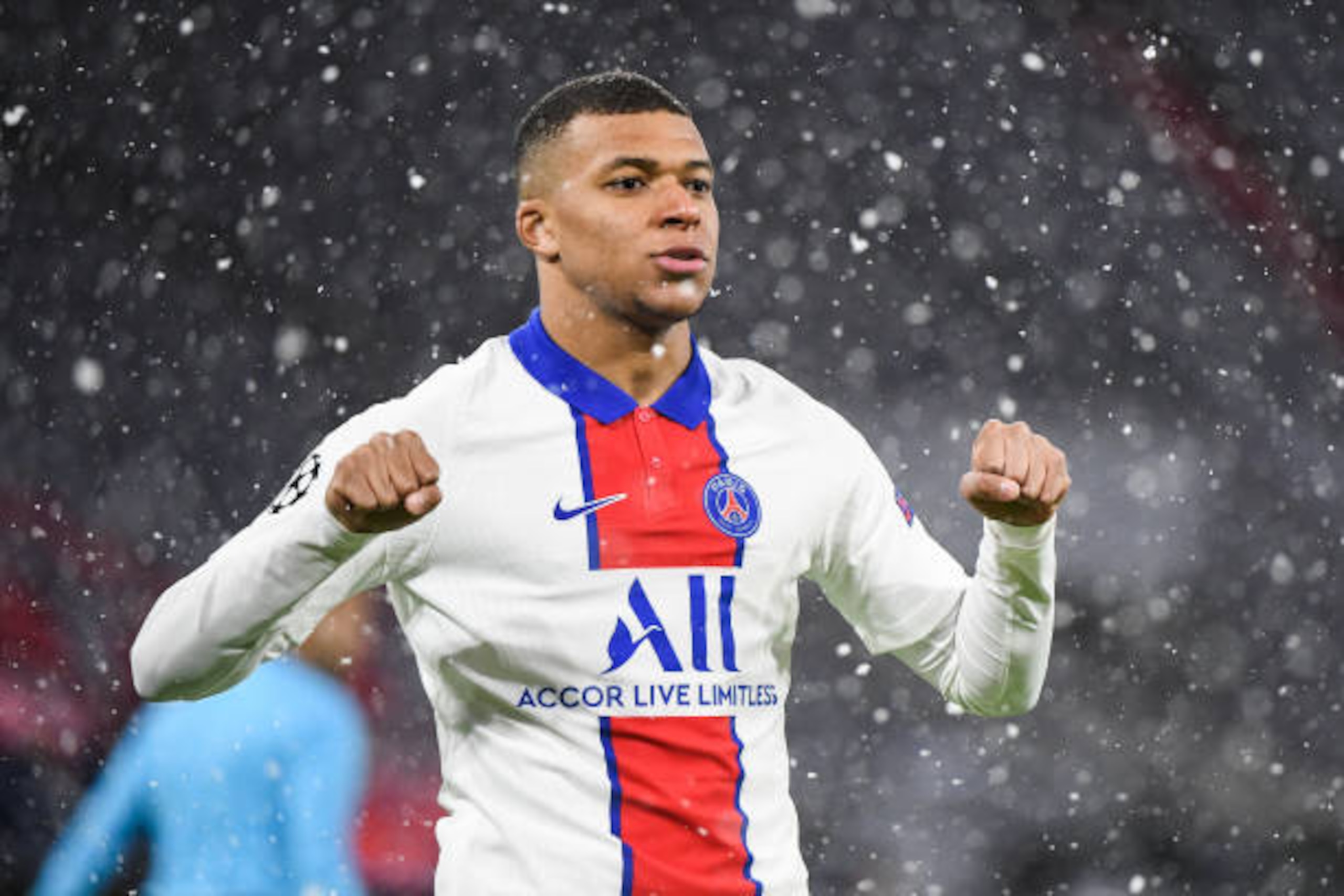 Kylian MBAPPE of PSG celebrates a goal during the UEFA Champions League, Quarter Final First Leg match between Bayern Munchen and Paris Saint Germain at Allianz Arena on April 7, 2021 in Munich, Germany. (Photo by Anthony Dibon/Icon Sport via Getty Images)