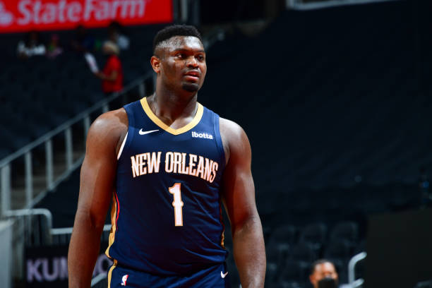 ATLANTA, GA - APRIL 6: Zion Williamson #1 of the New Orleans Pelicans looks on during the game against the Atlanta Hawks on April 6, 2021 at State Farm Arena in Atlanta, Georgia.  NOTE TO USER: User expressly acknowledges and agrees that, by downloading and/or using this Photograph, user is consenting to the terms and conditions of the Getty Images License Agreement. Mandatory Copyright Notice: Copyright 2021 NBAE (Photo by Scott Cunningham/NBAE via Getty Images)
