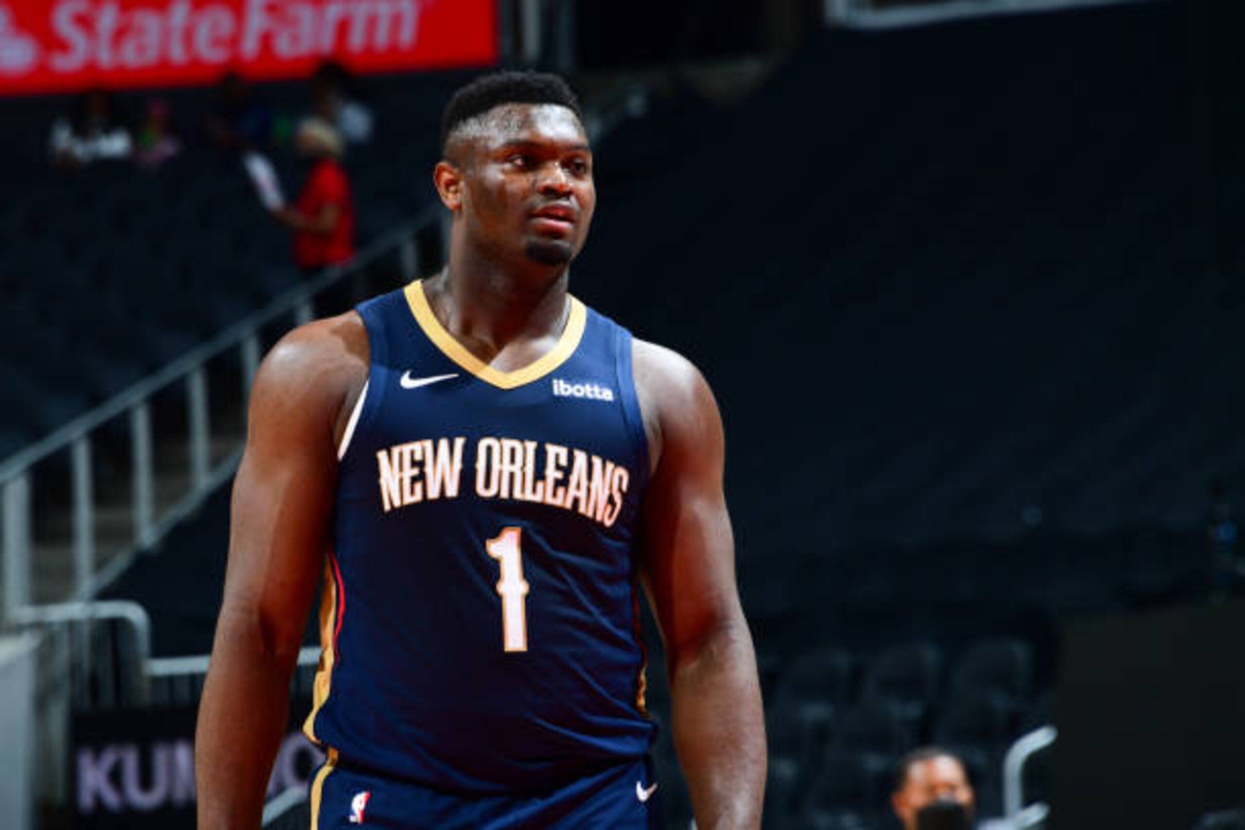ATLANTA, GA - APRIL 6: Zion Williamson #1 of the New Orleans Pelicans looks on during the game against the Atlanta Hawks on April 6, 2021 at State Farm Arena in Atlanta, Georgia.  NOTE TO USER: User expressly acknowledges and agrees that, by downloading and/or using this Photograph, user is consenting to the terms and conditions of the Getty Images License Agreement. Mandatory Copyright Notice: Copyright 2021 NBAE (Photo by Scott Cunningham/NBAE via Getty Images)
