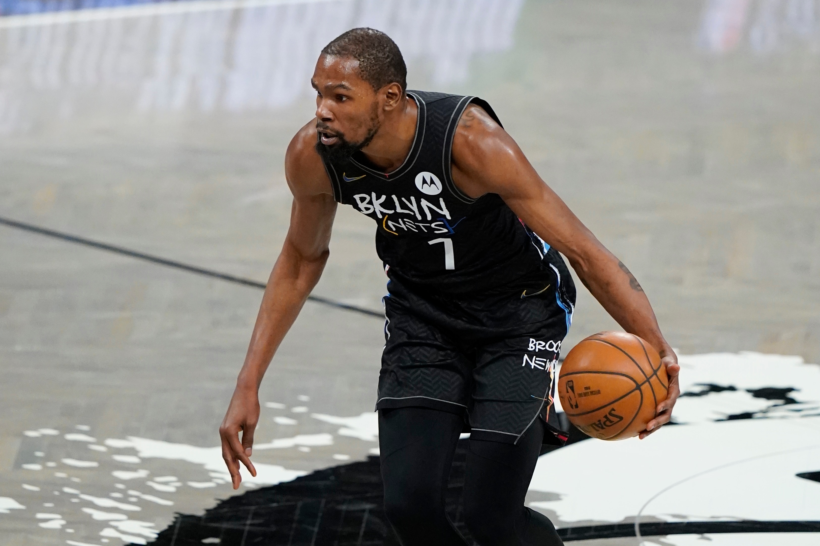 Brooklyn Nets' Kevin Durant during the first half of an NBA basketball game against the New Orleans Pelicans Wednesday, April 7, 2021, in New York. (AP Photo/Frank Franklin II)