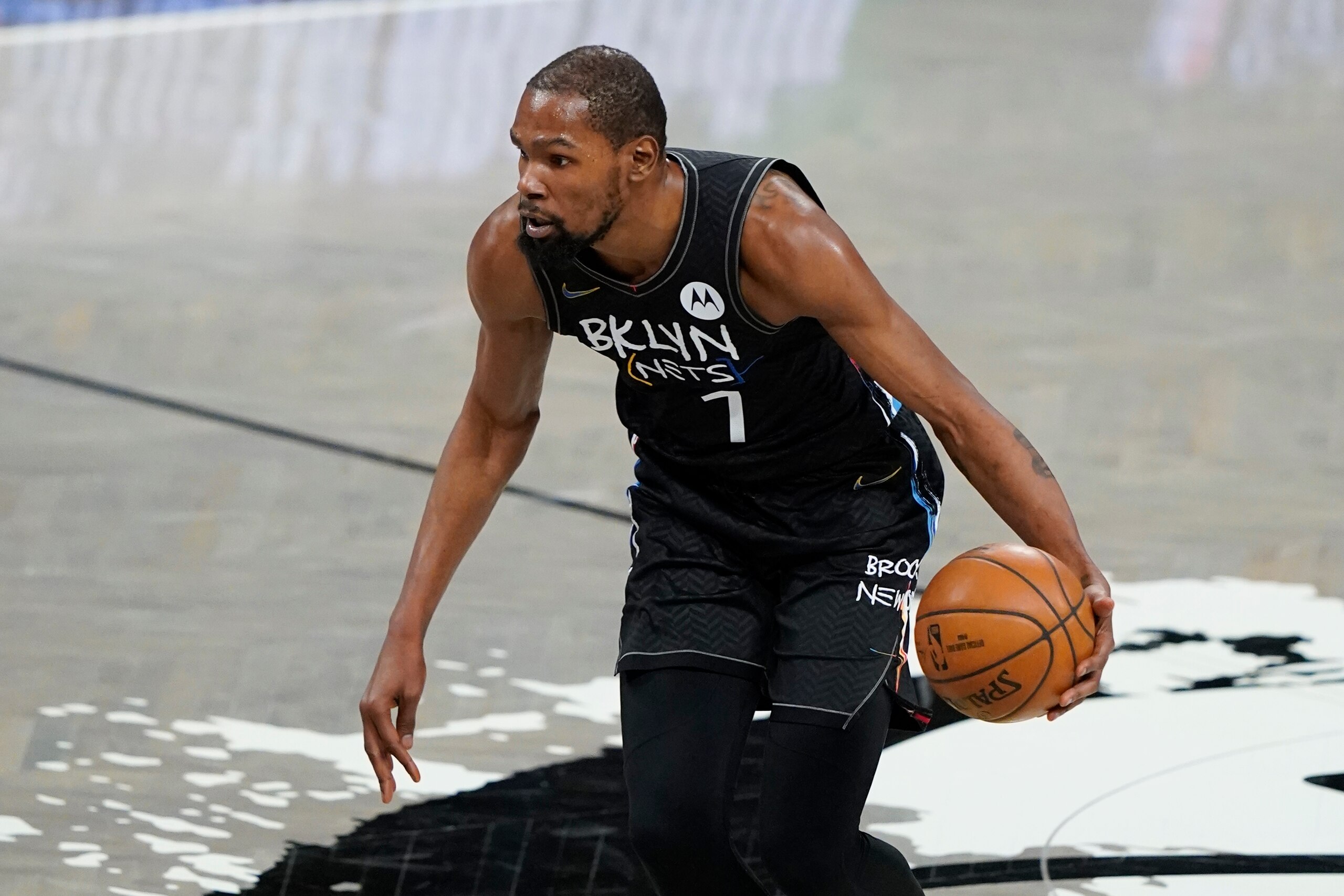 Brooklyn Nets' Kevin Durant during the first half of an NBA basketball game against the New Orleans Pelicans Wednesday, April 7, 2021, in New York. (AP Photo/Frank Franklin II)