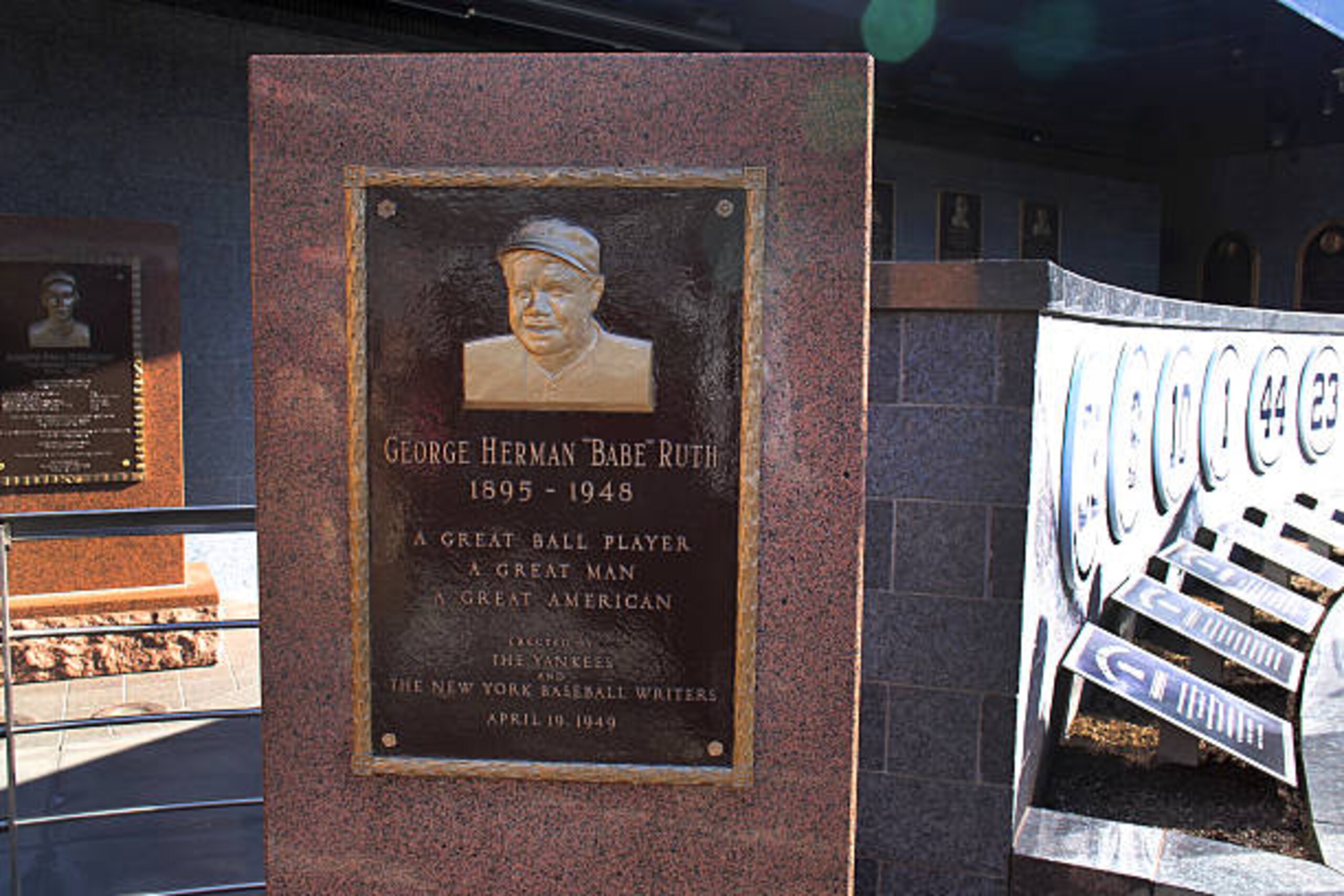 The George Herman 'Babe' Ruth plaque at Monument Park, an open-air museum located at the new Yankee Stadium containing a collection of monuments, plaques, and retired numbers honoring distinguished members of the New York Yankees. New York, USA. Photo Tim Clayton (Photo by Tim Clayton/Corbis via Getty Images)
