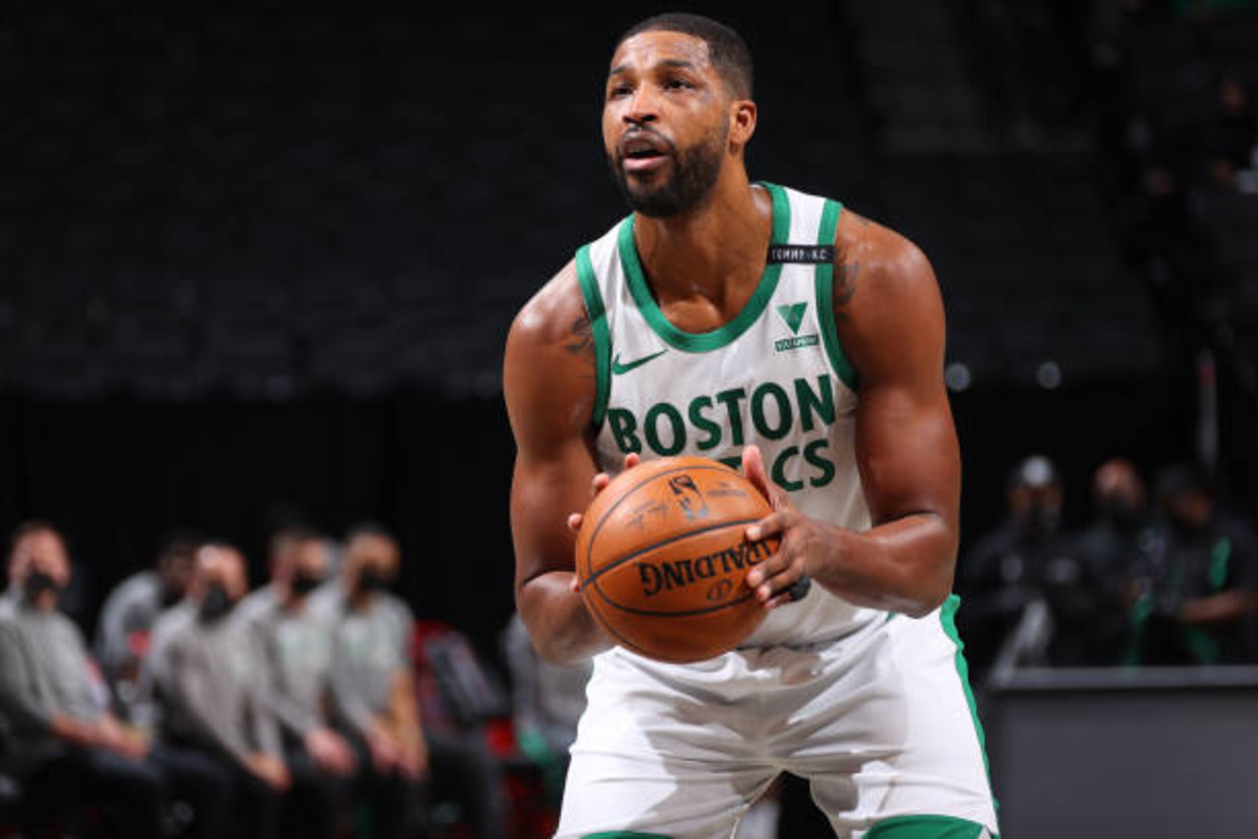 BROOKLYN, NY - MARCH 11: Tristan Thompson #13 of the Boston Celtics shoots the ball during the game against the Brooklyn Nets on March 11, 2021 at Barclays Center in Brooklyn, New York. NOTE TO USER: User expressly acknowledges and agrees that, by downloading and or using this Photograph, user is consenting to the terms and conditions of the Getty Images License Agreement. Mandatory Copyright Notice: Copyright 2021 NBAE (Photo by Ned Dishman/NBAE via Getty Images) BROOKLYN, NY - MARCH 11: Tristan Thompson #13 of the Boston Celtics shoots the ball during the game against the Brooklyn Nets on March 11, 2021 at Barclays Center in Brooklyn, New York. NOTE TO USER: User expressly acknowledges and agrees that, by downloading and or using this Photograph, user is consenting to the terms and conditions of the Getty Images License Agreement. Mandatory Copyright Notice: Copyright 2021 NBAE (Photo by Ned Dishman/NBAE via Getty Images)