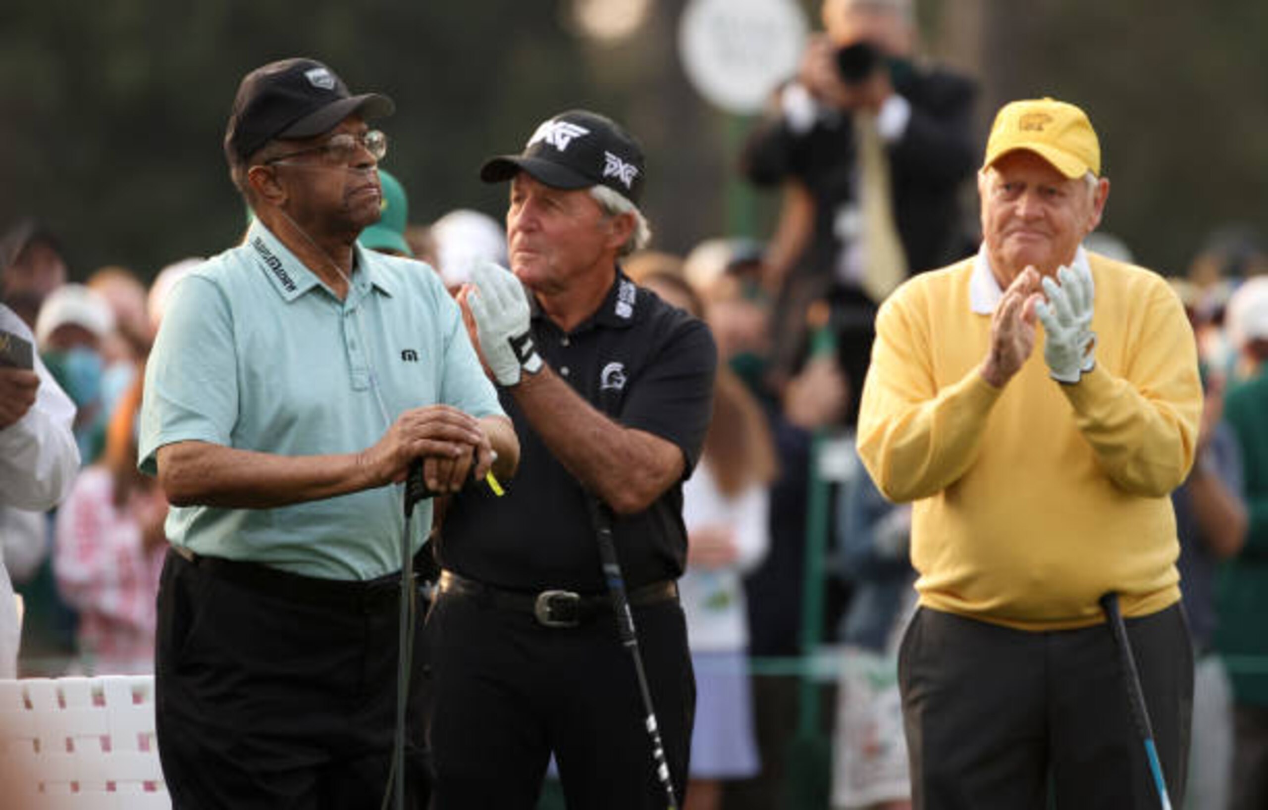 AUGUSTA, GEORGIA - APRIL 08: Honorary Starter Lee Elder of the United States (L), honorary starter and Masters champion Gary Player of South Africa and honorary starter and Masters champion Jack Nicklaus look on during the opening ceremony prior to the start of the first round of the Masters at Augusta National Golf Club on April 08, 2021 in Augusta, Georgia. (Photo by Kevin C. Cox/Getty Images)