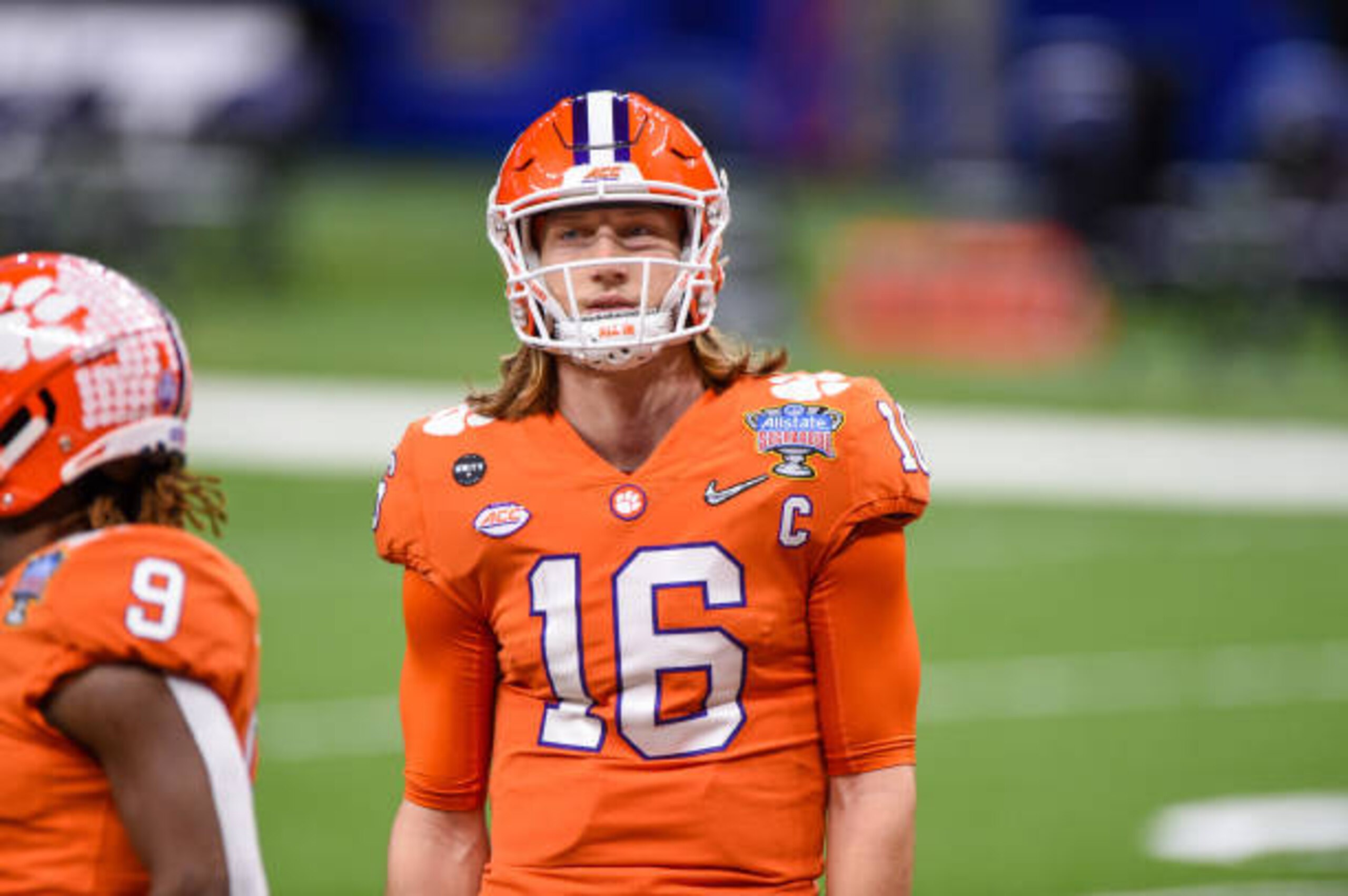 NEW ORLEANS, LA - JANUARY 01: Clemson Tigers quarterback Trevor Lawrence (16) warms up before the Allstate Sugar Bowl College Football Playoff Semifinal between the Ohio State Buckeyes and Clemson Tigers at the Mercedes-Benz Superdome on January 1, 2021 in New Orleans, LA. (Photo by Ken Murray/Icon Sportswire via Getty Images)