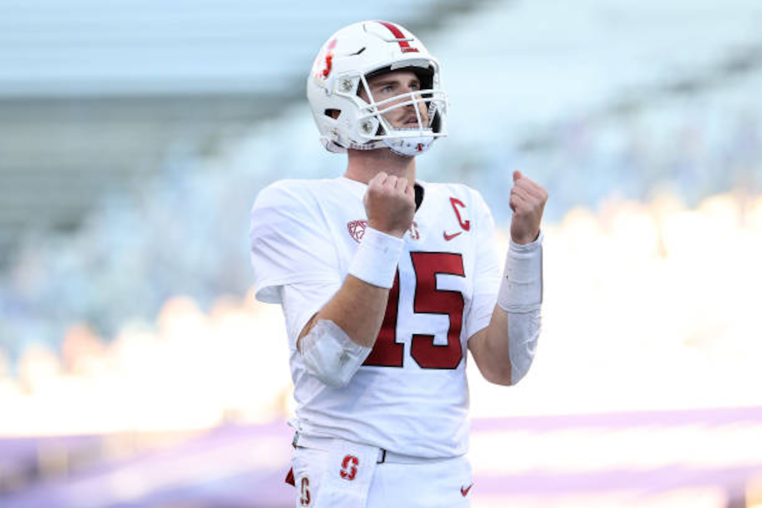 SEATTLE, WASHINGTON - DECEMBER 05: Davis Mills #15 of the Stanford Cardinal reacts in the third quarter against the Washington Huskies at Husky Stadium on December 05, 2020 in Seattle, Washington. (Photo by Abbie Parr/Getty Images)