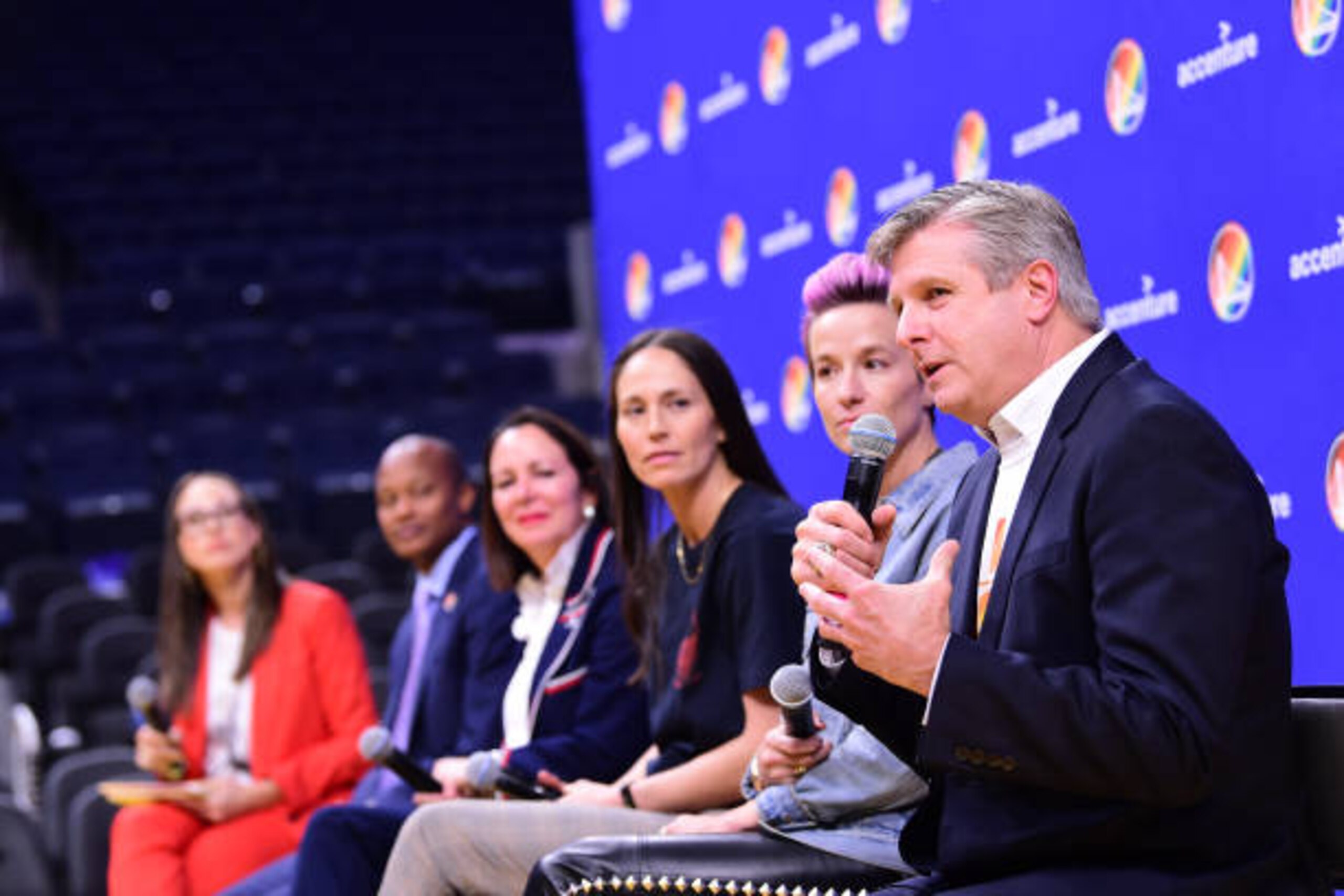 SAN FRANCISCO, CA - OCTOBER 30: Rick Welts, President of the Golden State Warriors, speaks during the LGBTQ Night Postgame Panel on October 30, 2019 at Chase Center in San Francisco, California. NOTE TO USER: User expressly acknowledges and agrees that, by downloading and or using this photograph, user is consenting to the terms and conditions of Getty Images License Agreement. Mandatory Copyright Notice: Copyright 2019 NBAE (Photo by Noah Graham/NBAE via Getty Images)