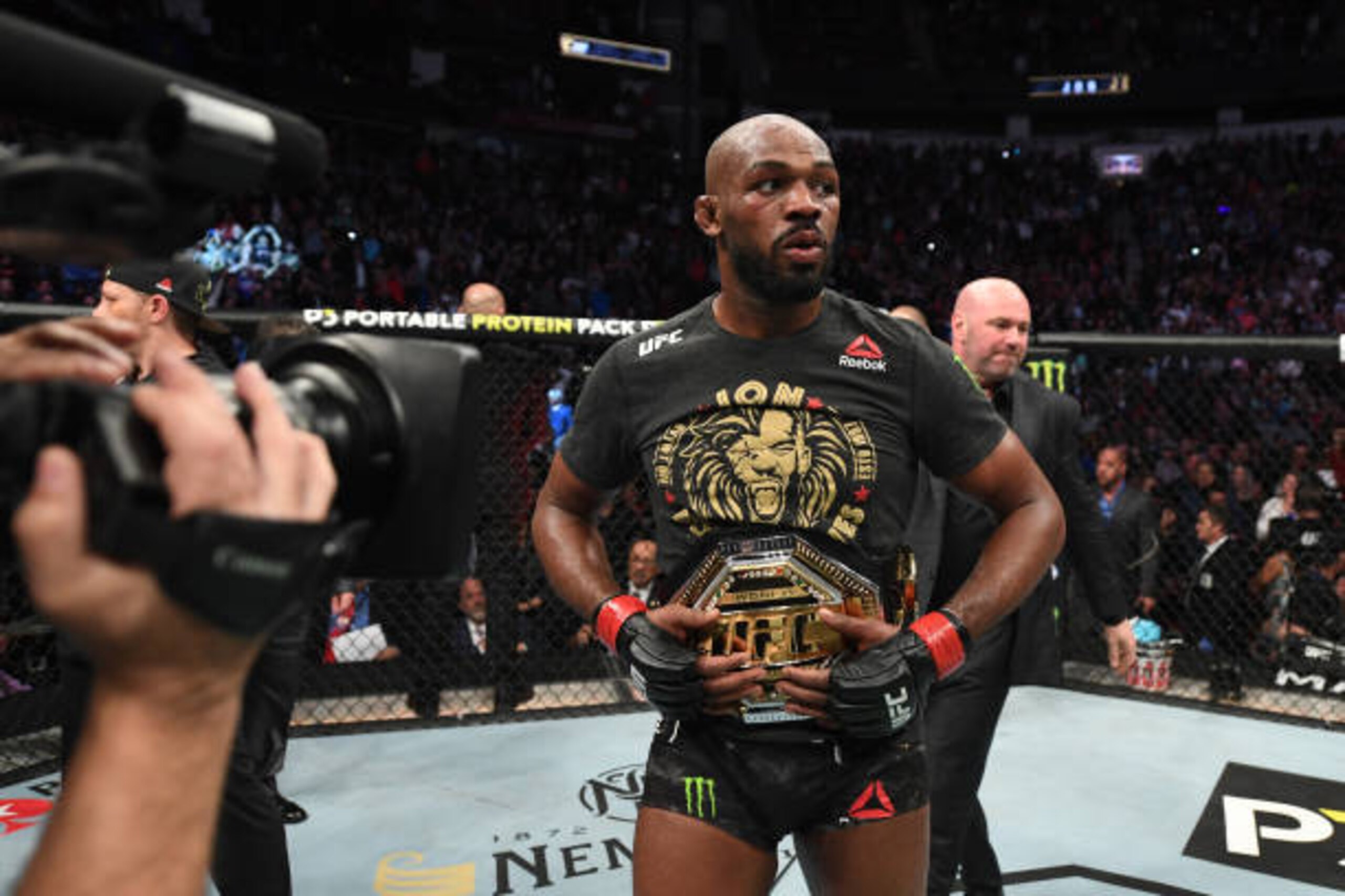 HOUSTON, TEXAS - FEBRUARY 08:  Jon Jones celebrates his victory over Dominick Reyes in their light heavyweight championship bout during the UFC 247 event at Toyota Center on February 08, 2020 in Houston, Texas. (Photo by Josh Hedges/Zuffa LLC via Getty Images)
