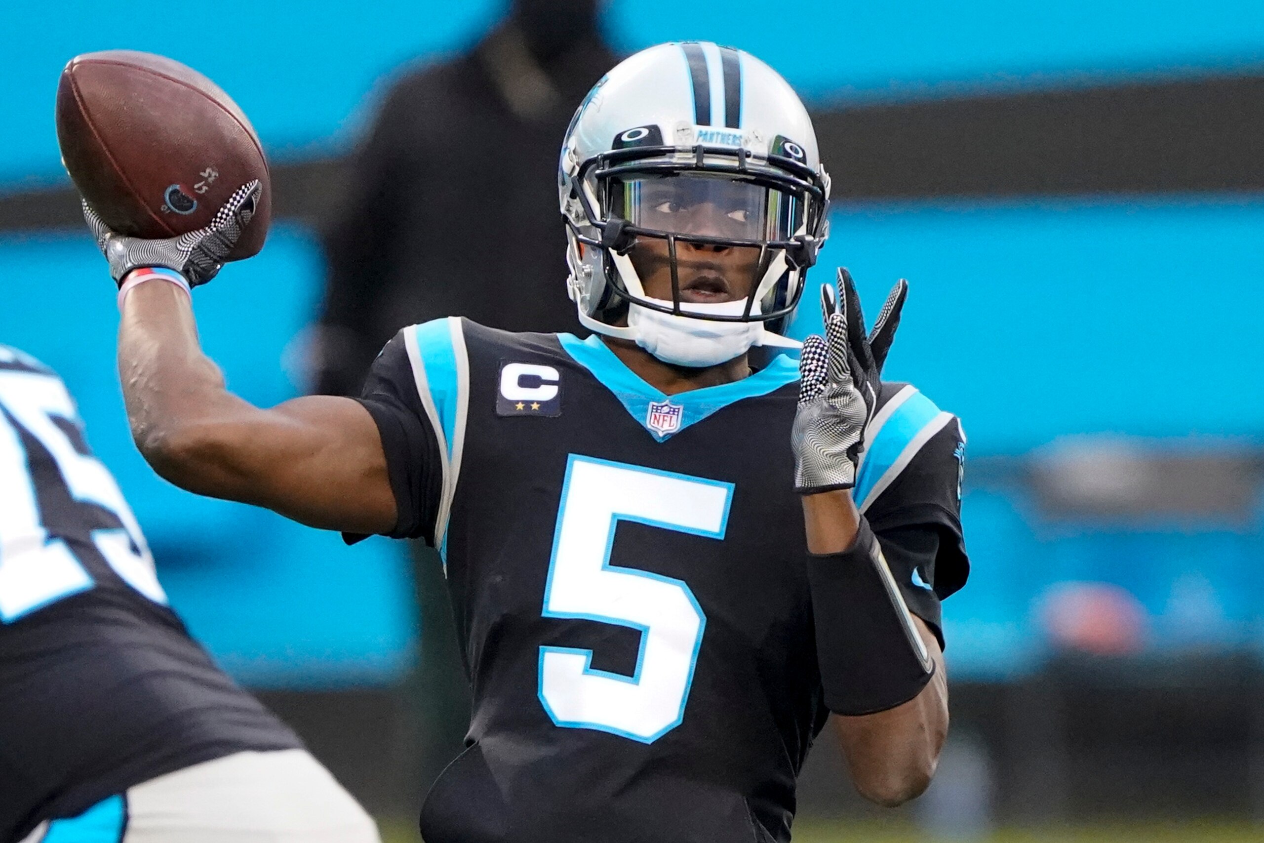 Carolina Panthers quarterback Teddy Bridgewater passes against the New Orleans Saints during the first half of an NFL football game Sunday, Jan. 3, 2021, in Charlotte, N.C. (AP Photo/Brian Blanco)