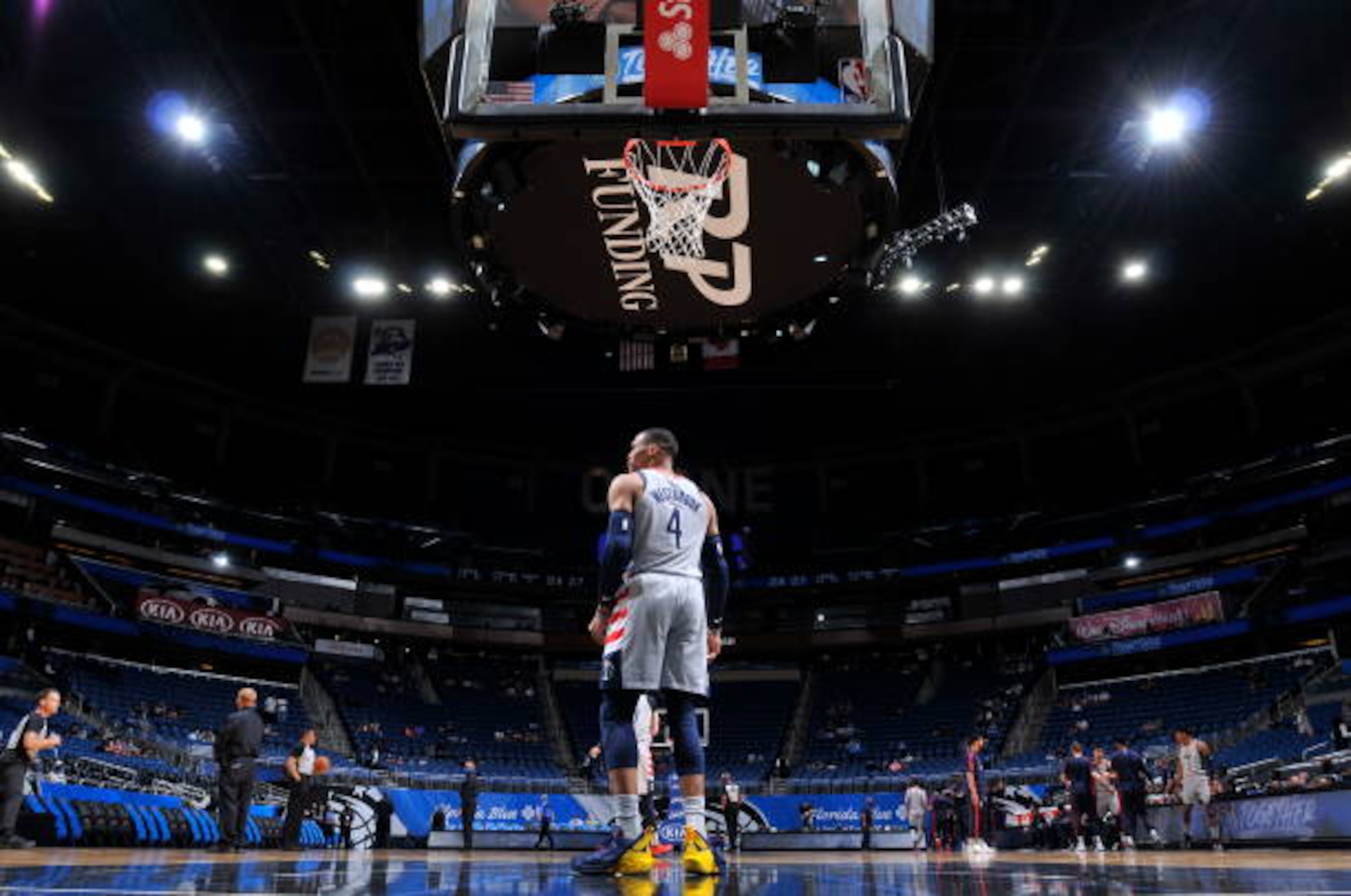 ORLANDO, FL - APRIL 7: Russell Westbrook #4 of the Washington Wizards looks on before the game against the Orlando Magic on April 7, 2021 at Amway Center in Orlando, Florida. NOTE TO USER: User expressly acknowledges and agrees that, by downloading and or using this photograph, User is consenting to the terms and conditions of the Getty Images License Agreement. Mandatory Copyright Notice: Copyright 2021 NBAE (Photo by Fernando Medina/NBAE via Getty Images)