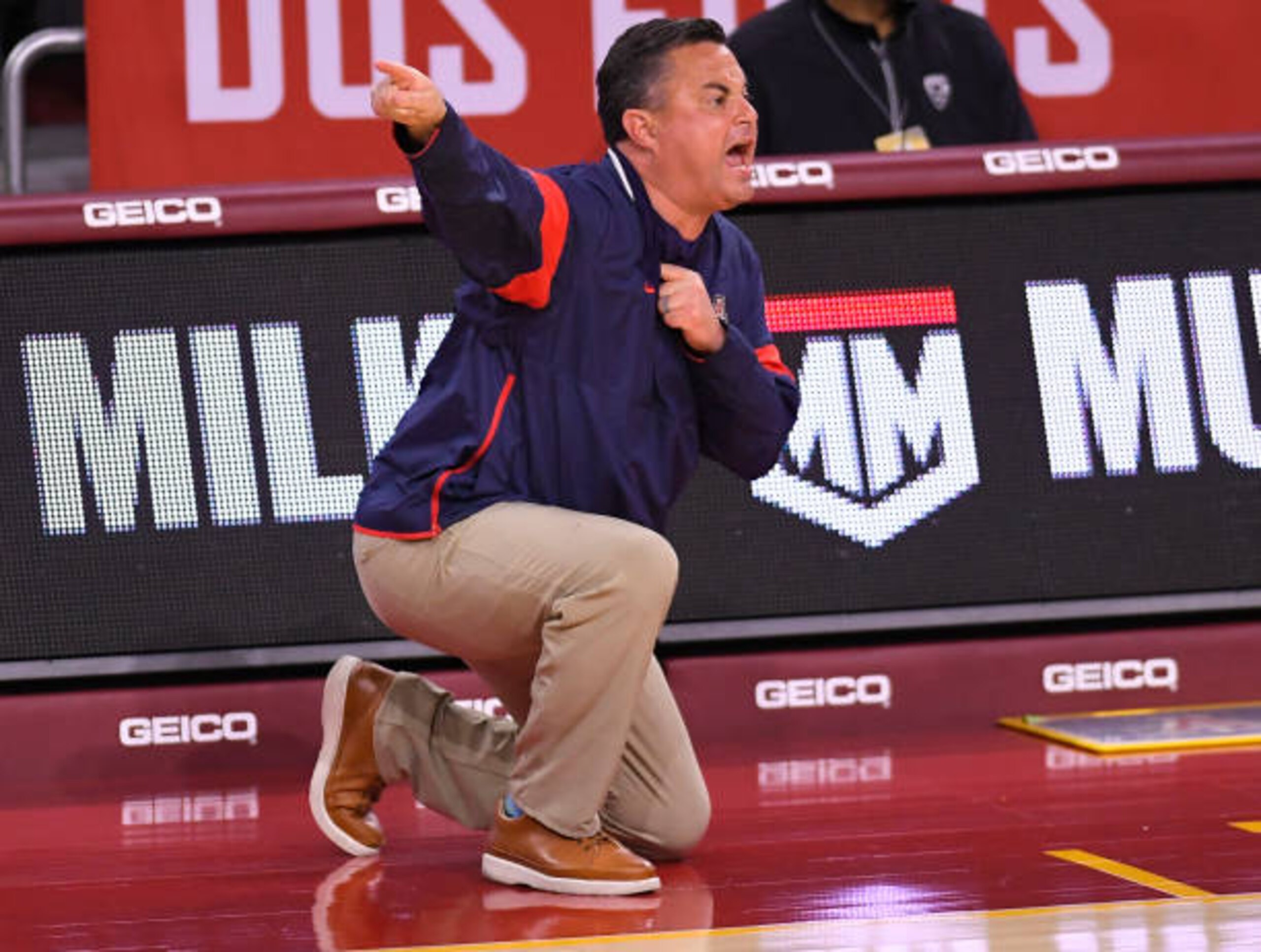 LOS ANGELES, CA - FEBRUARY 20: Head coach Sean Miller of the Arizona Wildcats on the sideline while playing the USC Trojansat Galen Center on February 20, 2021 in Los Angeles, California. Arizona won 81-72. (Photo by John McCoy/Getty Images)