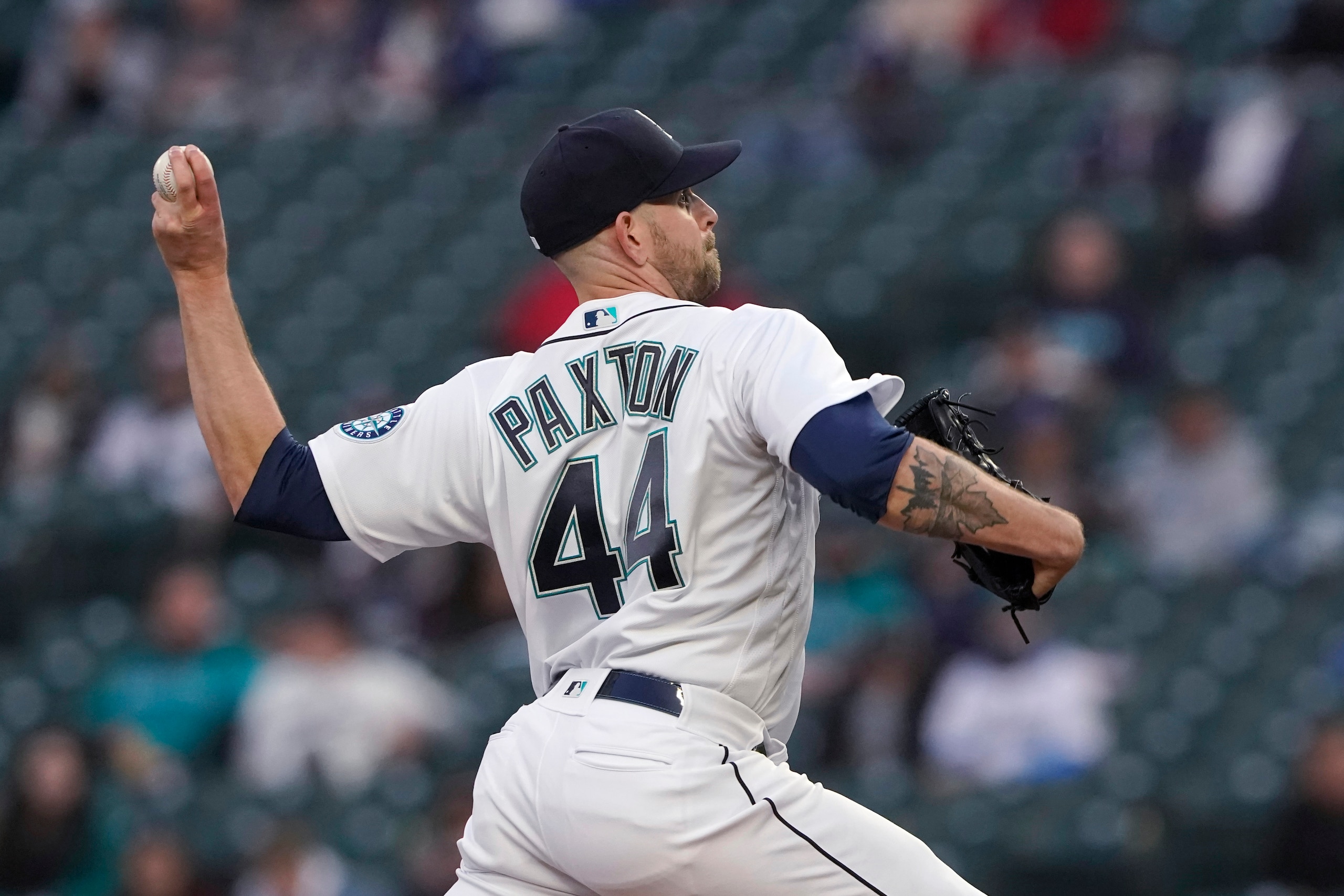 Seattle Mariners starting pitcher James Paxton throws to a Chicago White Sox batter during the first inning of a baseball game Tuesday, April 6, 2021, in Seattle. (AP Photo/Ted S. Warren)