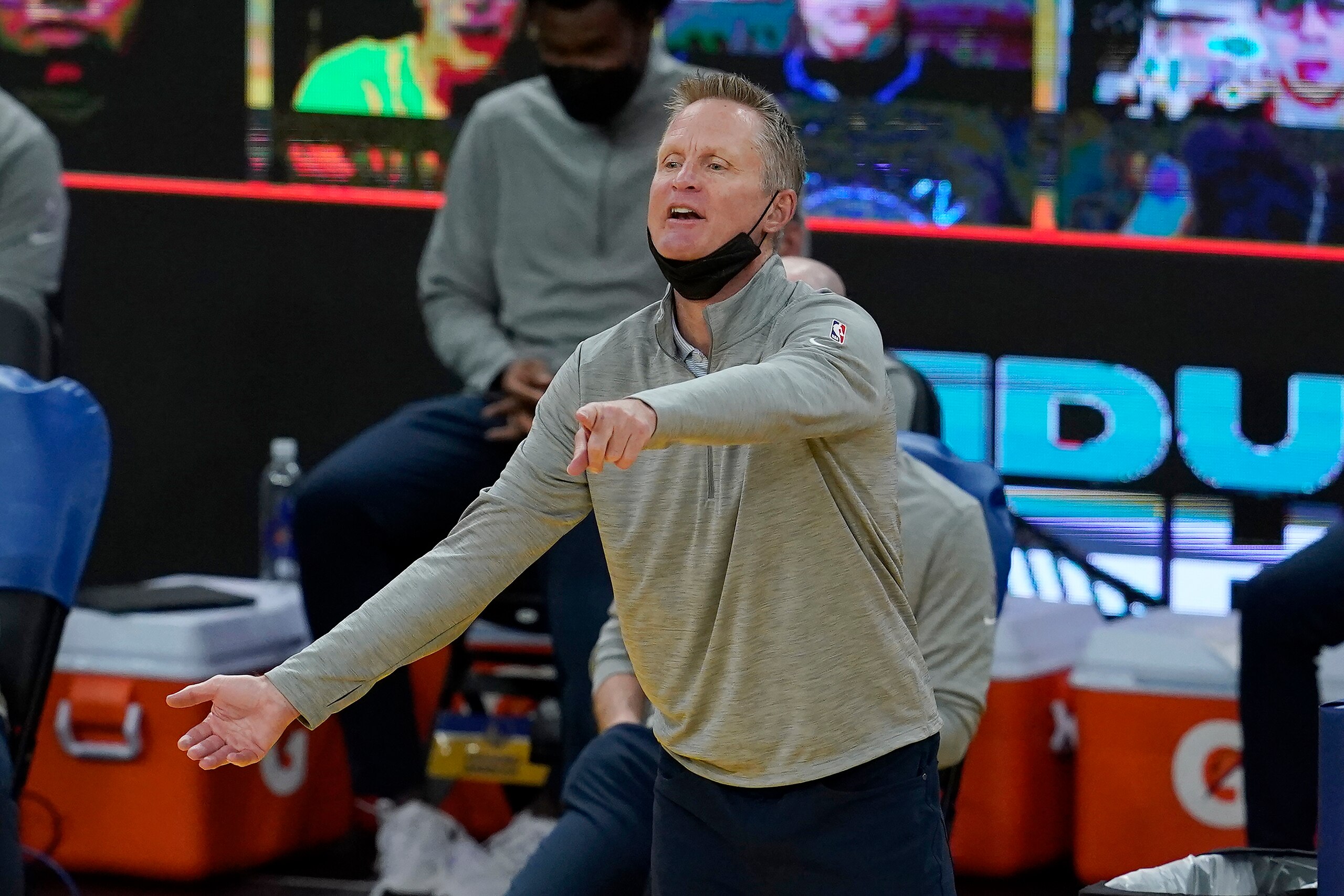 Golden State Warriors head coach Steve Kerr gestures during the second half of his team's NBA basketball game against the Milwaukee Bucks in San Francisco, Tuesday, April 6, 2021. (AP Photo/Jeff Chiu)