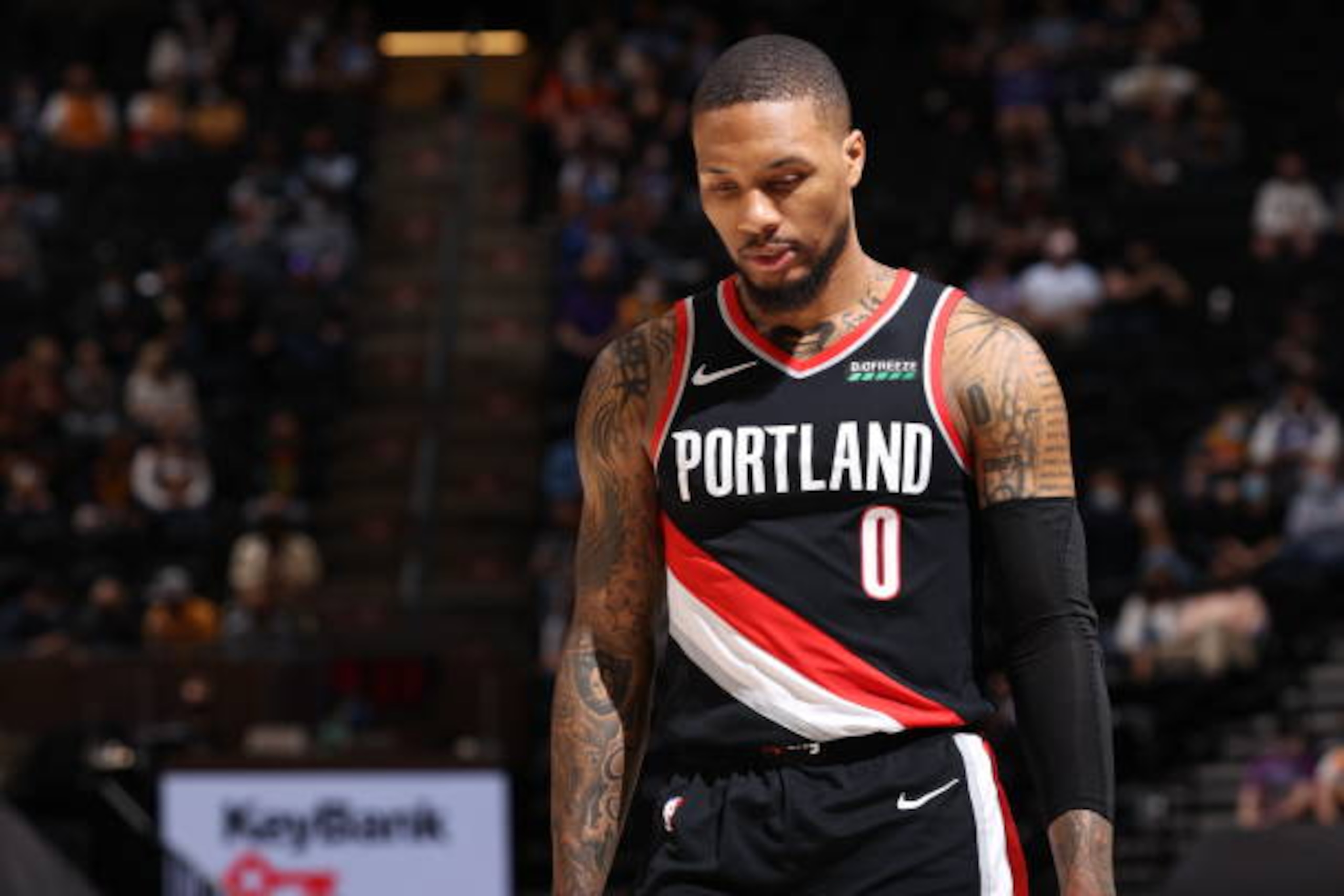 SALT LAKE CITY, UT -  APRIL 8: Damian Lillard #0 of the Portland Trail Blazers looks on during the game against the Utah Jazz on April 8, 2021 at vivint.SmartHome Arena in Salt Lake City, Utah. NOTE TO USER: User expressly acknowledges and agrees that, by downloading and or using this Photograph, User is consenting to the terms and conditions of the Getty Images License Agreement. Mandatory Copyright Notice: Copyright 2021 NBAE (Photo by Melissa Majchrzak/NBAE via Getty Images)