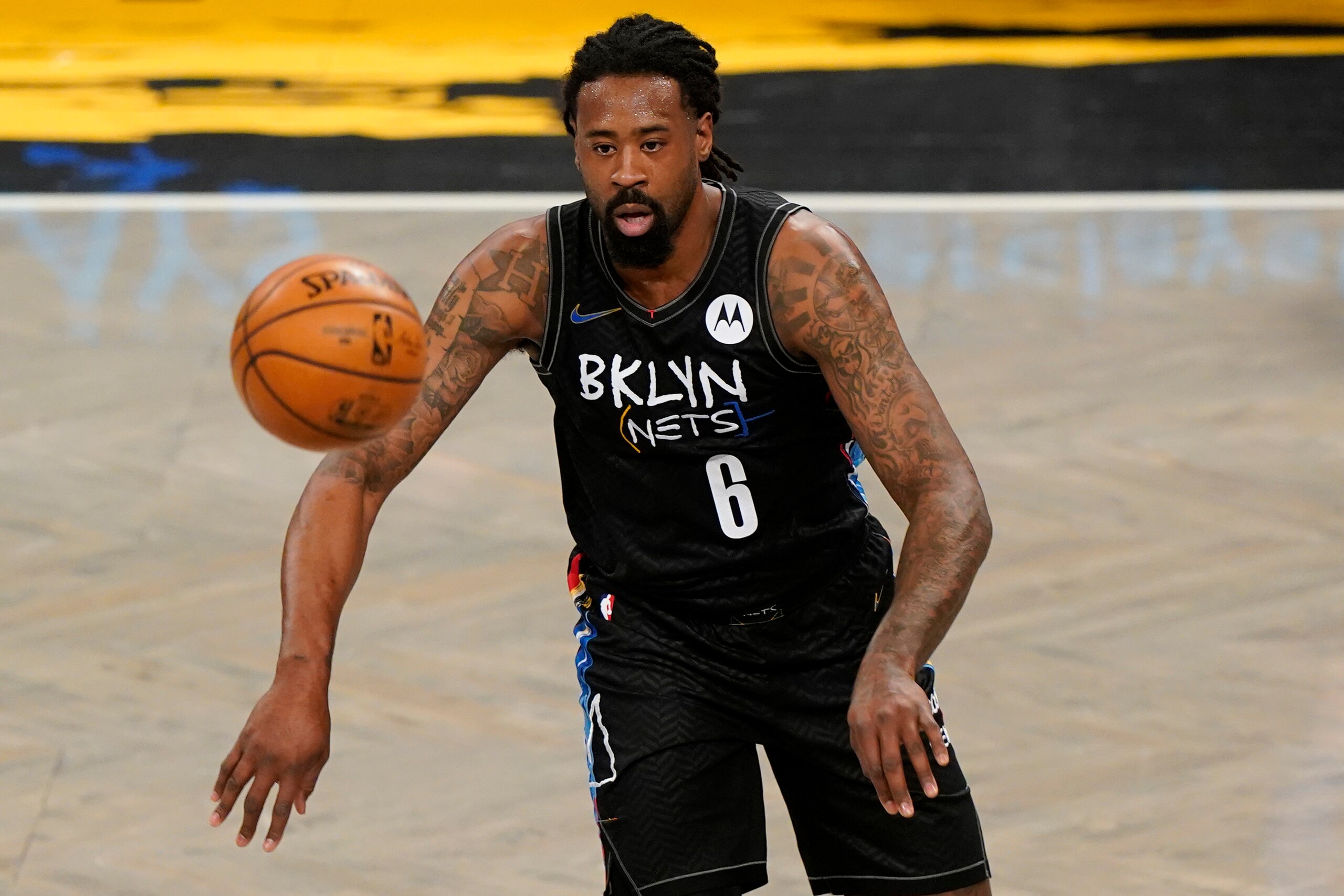 Brooklyn Nets center DeAndre Jordan (6) passes the ball during the first quarter of an NBA basketball game against the Orlando Magic, Thursday, Feb. 25, 2021, in New York. (AP Photo/Kathy Willens)