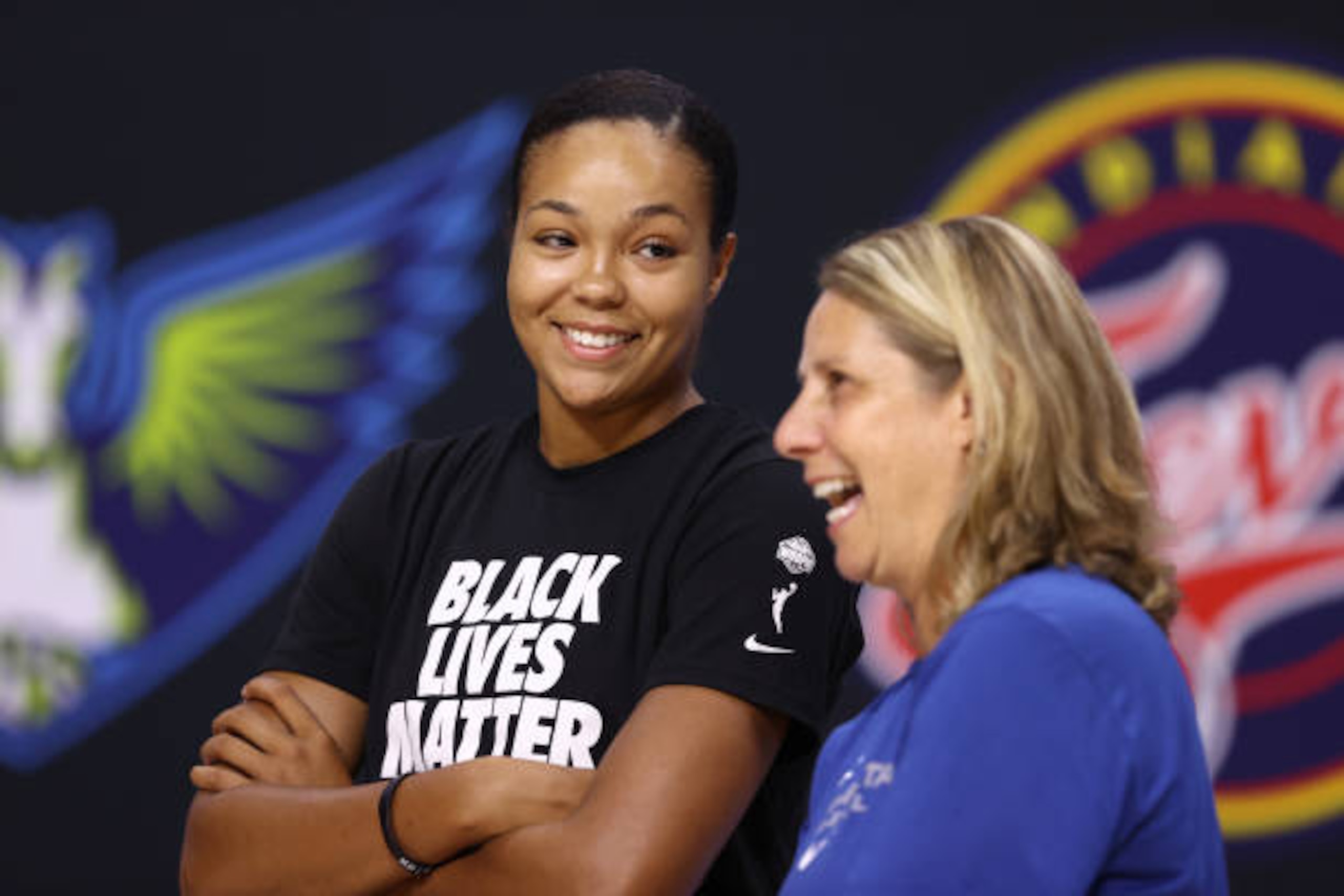 PALMETTO, FL - AUGUST 31: Napheesa Collier #24 and Head Coach, Cheryl Reeve of the Minnesota Lynx smile during the game against the Los Angeles Sparks on August 31, 2020 at Feld Entertainment Center in Palmetto, Florida. NOTE TO USER: User expressly acknowledges and agrees that, by downloading and/or using this Photograph, user is consenting to the terms and conditions of the Getty Images License Agreement. Mandatory Copyright Notice: Copyright 2020 NBAE (Photo by Ned Dishman/NBAE via Getty Images)