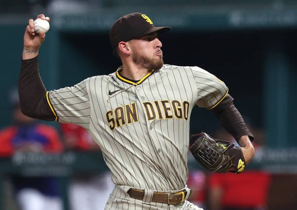ARLINGTON, TEXAS - APRIL 09:  Joe Musgrove #44 of the San Diego Padres throws against the Texas Rangers in the second inning at Globe Life Field on April 09, 2021 in Arlington, Texas. (Photo by Ronald Martinez/Getty Images)