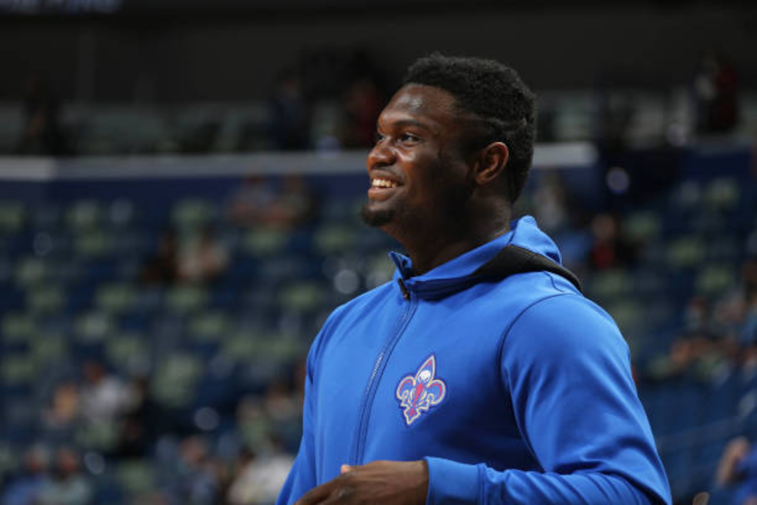 NEW ORLEANS, LA - APRIL 9: Zion Williamson #1 of the New Orleans Pelicans looks on before the game against the Philadelphia 76ers on April 9, 2021 at Smoothie King Center in New Orleans, Louisiana. NOTE TO USER: User expressly acknowledges and agrees that, by downloading and or using this Photograph, user is consenting to the terms and conditions of the Getty Images License Agreement. Mandatory Copyright Notice: Copyright 2020 NBAE (Photo by Jonathan Bachman/NBAE via Getty Images)