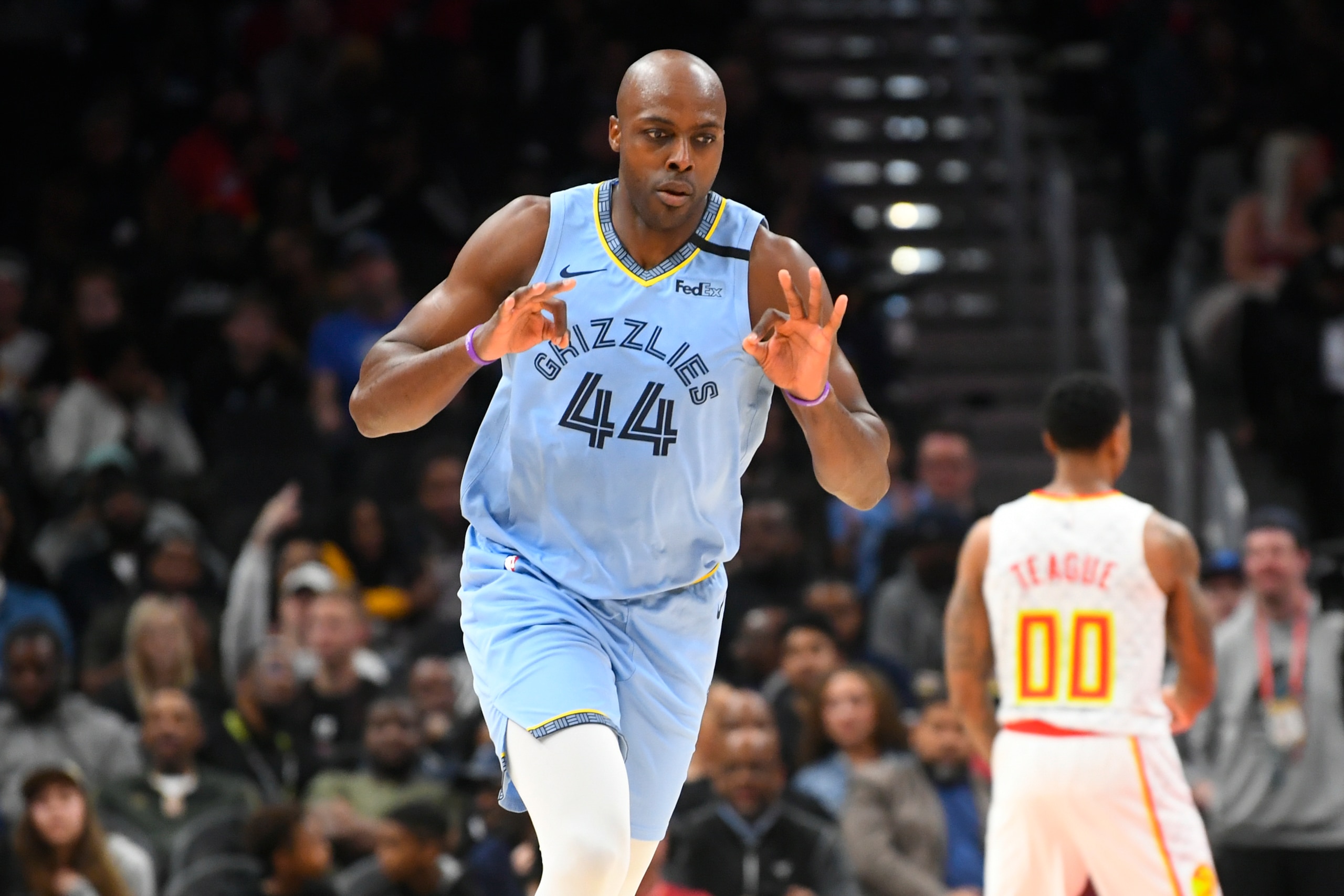 Memphis Grizzlies Anthony Tolliver reacts after a three-point basket against the Atlanta Hawks during the second half of an NBA basketball game Monday, March 2, 2020, in Atlanta. (AP Photo/John Amis)