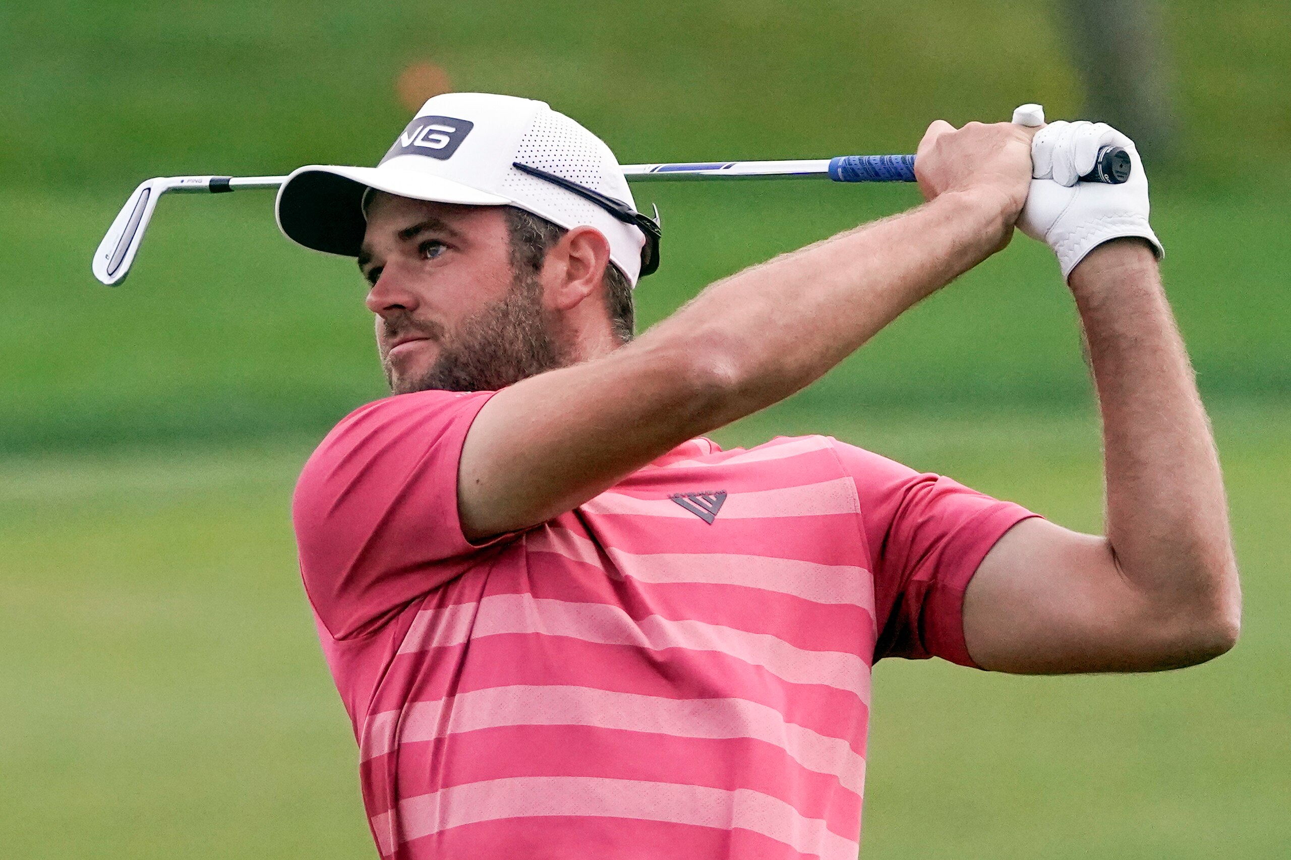 Corey Connors hits a shot during the third round of the Arnold Palmer Invitational golf tournament Saturday, March 6, 2021, in Orlando, Fla. (AP Photo/John Raoux)