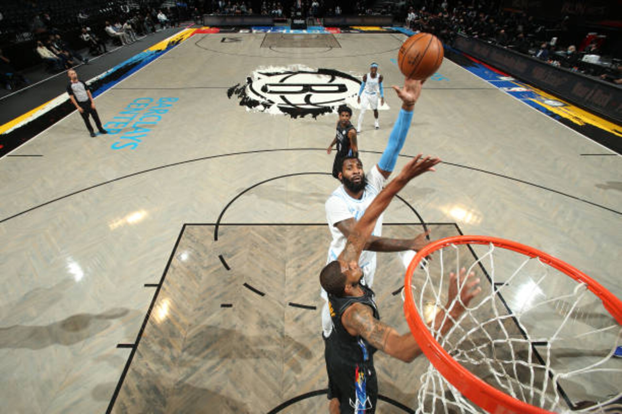 BROOKLYN, NY - APRIL 10: Andre Drummond #2 of the Los Angeles Lakers shoots the ball during the game against the Brooklyn Nets on April 10, 2021 at Barclays Center in Brooklyn, New York. NOTE TO USER: User expressly acknowledges and agrees that, by downloading and or using this Photograph, user is consenting to the terms and conditions of the Getty Images License Agreement. Mandatory Copyright Notice: Copyright 2021 NBAE (Photo by Nathaniel S. Butler/NBAE via Getty Images)