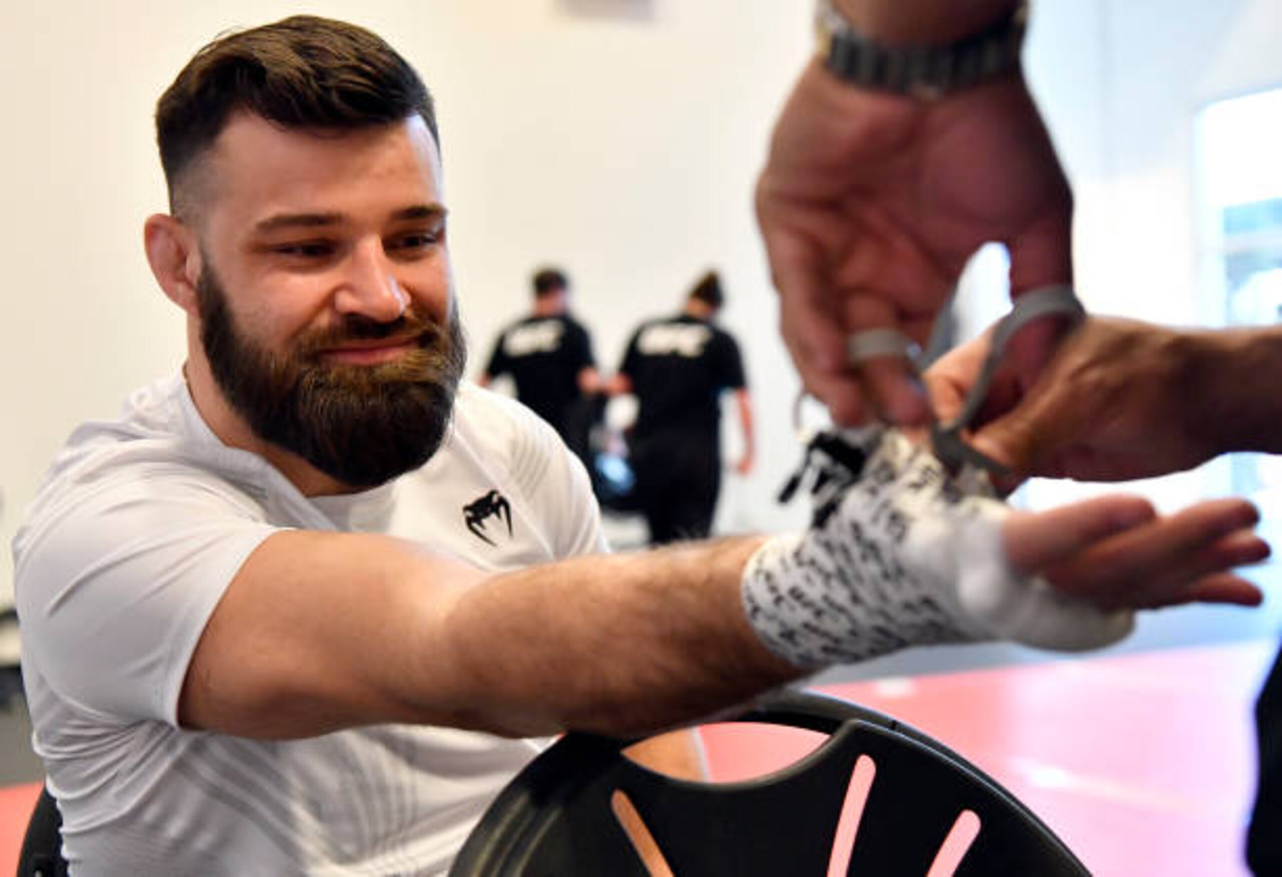 LAS VEGAS, NEVADA - APRIL 10: Julian Marquez has his hands wrapped prior to his fight during the UFC Fight Night event at UFC APEX on April 10, 2021 in Las Vegas, Nevada. (Photo by Mike Roach/Zuffa LLC)