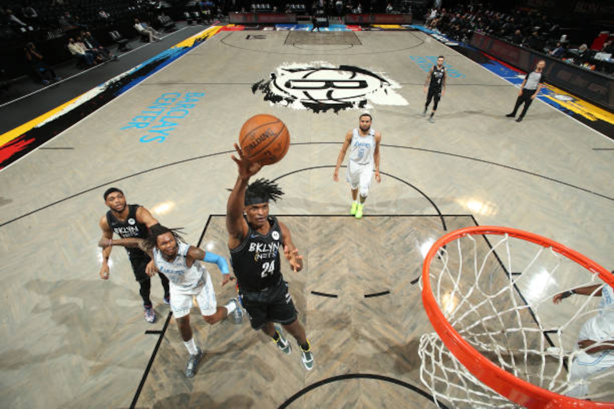 BROOKLYN, NY - APRIL 10: Alize Johnson #24 of the Brooklyn Nets shoots the ball during the game against the Los Angeles Lakers on April 10, 2021 at Barclays Center in Brooklyn, New York. NOTE TO USER: User expressly acknowledges and agrees that, by downloading and or using this Photograph, user is consenting to the terms and conditions of the Getty Images License Agreement. Mandatory Copyright Notice: Copyright 2021 NBAE (Photo by Nathaniel S. Butler/NBAE via Getty Images)