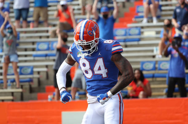 GAINESVILLE, FL - NOVEMBER 28: Kyle PItts #84 of the Florida Gators celebrates scoring a touchdown against the Kentucky Wildcats at Ben Hill Griffin Stadium on November 28, 2020 in Gainesville, Florida. (Photo by Courtney Culbreath/Collegiate Images/Getty Images)