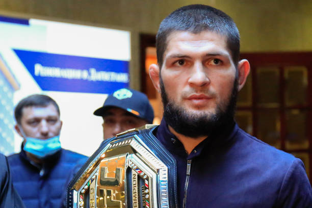 MAKHACHKALA, RUSSIA - OCTOBER 27, 2020: UFC Lightweight Champion Khabib Nurmagomedov is welcomed at a city airport. Nurmagomedov defeated American mixed martial artist Justin Gaethje in the second round at UFC 254 in Abu Dhabi on October 24, 2020, and then announced his retirement after 29 victories and no losses in his career. Press Office of the Head of the Republic of Dagestan/TASS

THIS IMAGE WAS PROVIDED BY A THIRD PARTY. EDITORIAL USE ONLY
 (Photo by Press Office of the Head of the \TASS via Getty Images)
