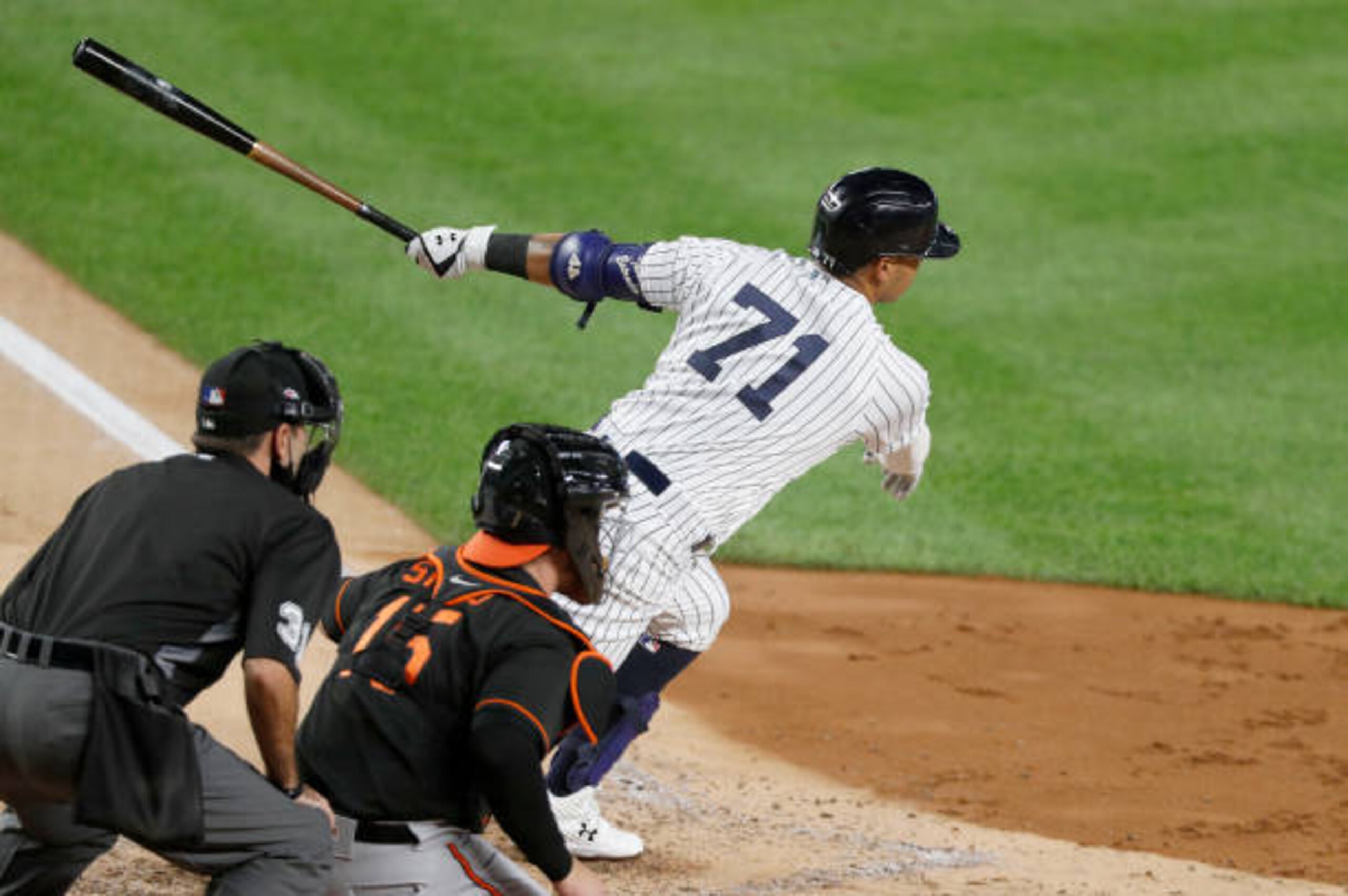 NEW YORK, NEW YORK - SEPTEMBER 11: (NEW YORK DAILIES OUT)  Thairo Estrada #71 of the New York Yankees in action against the Baltimore Orioles at Yankee Stadium on September 11, 2020 in New York City. The Yankees defeated the Orioles 10-1. (Photo by Jim McIsaac/Getty Images)
