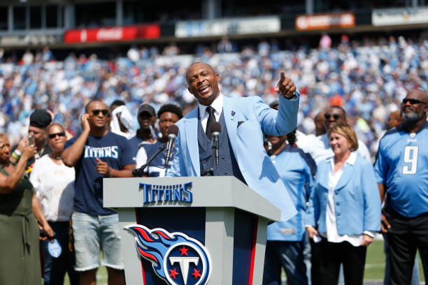 NASHVILLE, TN - SEPTEMBER 15: Former Tennessee Titans running back Eddie George addressing the crowd during a retirement ceremony of his jersey No. 27 at halftime a game between the Tennessee Titans and Indianapolis Colts, September 15, 2019, at Nissan Stadium in Nashville, Tennessee. (Photo by Matthew Maxey/Icon Sportswire via Getty Images)
