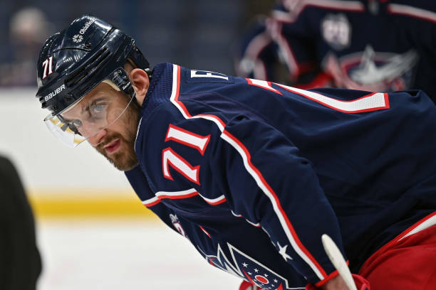 COLUMBUS, OH - APRIL 8:  Nick Foligno #71 of the Columbus Blue Jackets prepares to take a face off against the Tampa Bay Lightning at Nationwide Arena on April 8, 2021 in Columbus, Ohio.  (Photo by Jamie Sabau/NHLI via Getty Images)