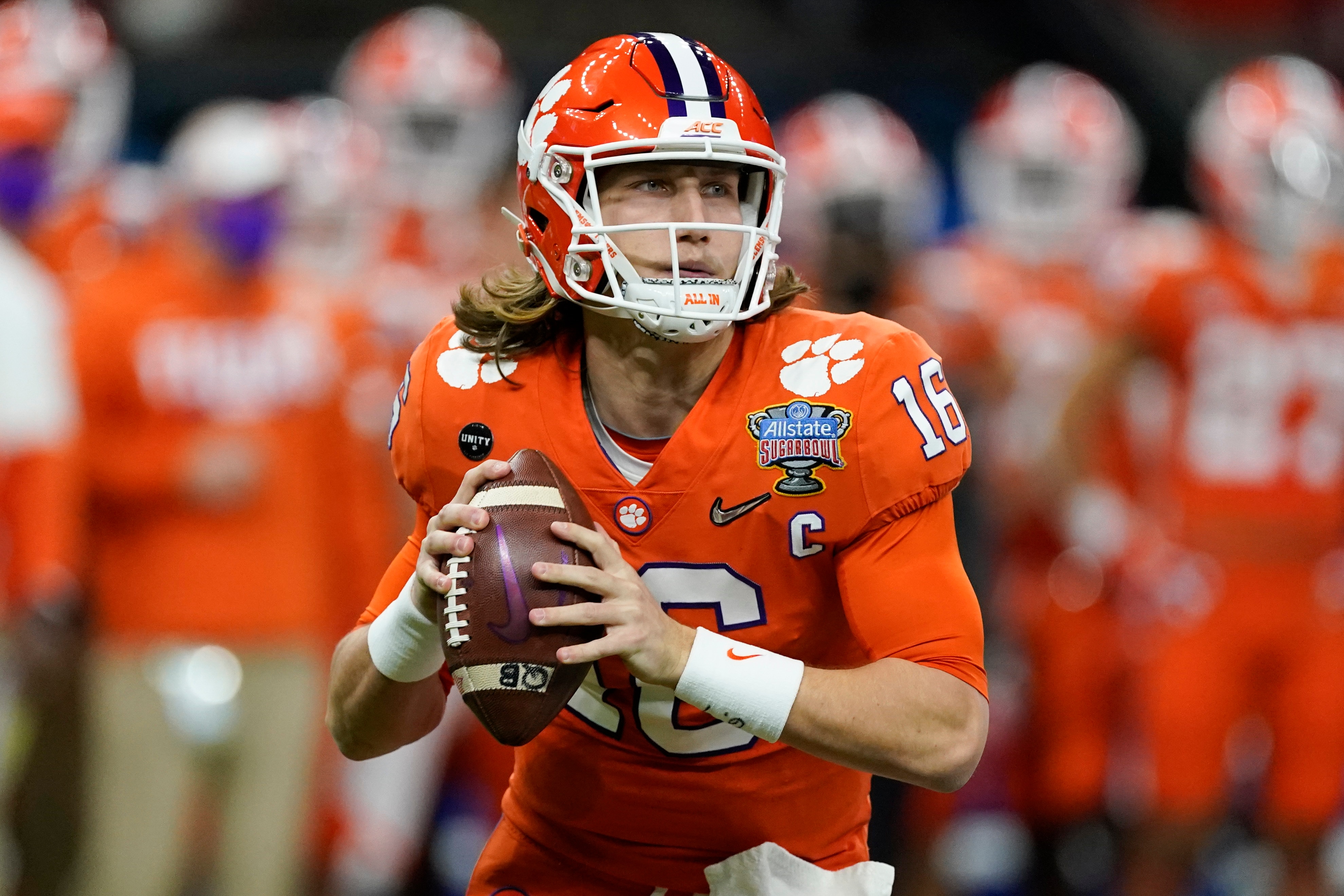 Clemson quarterback Trevor Lawrence passes against Ohio State during the first half of the Sugar Bowl NCAA college football game Friday, Jan. 1, 2021, in New Orleans. (AP Photo/John Bazemore)