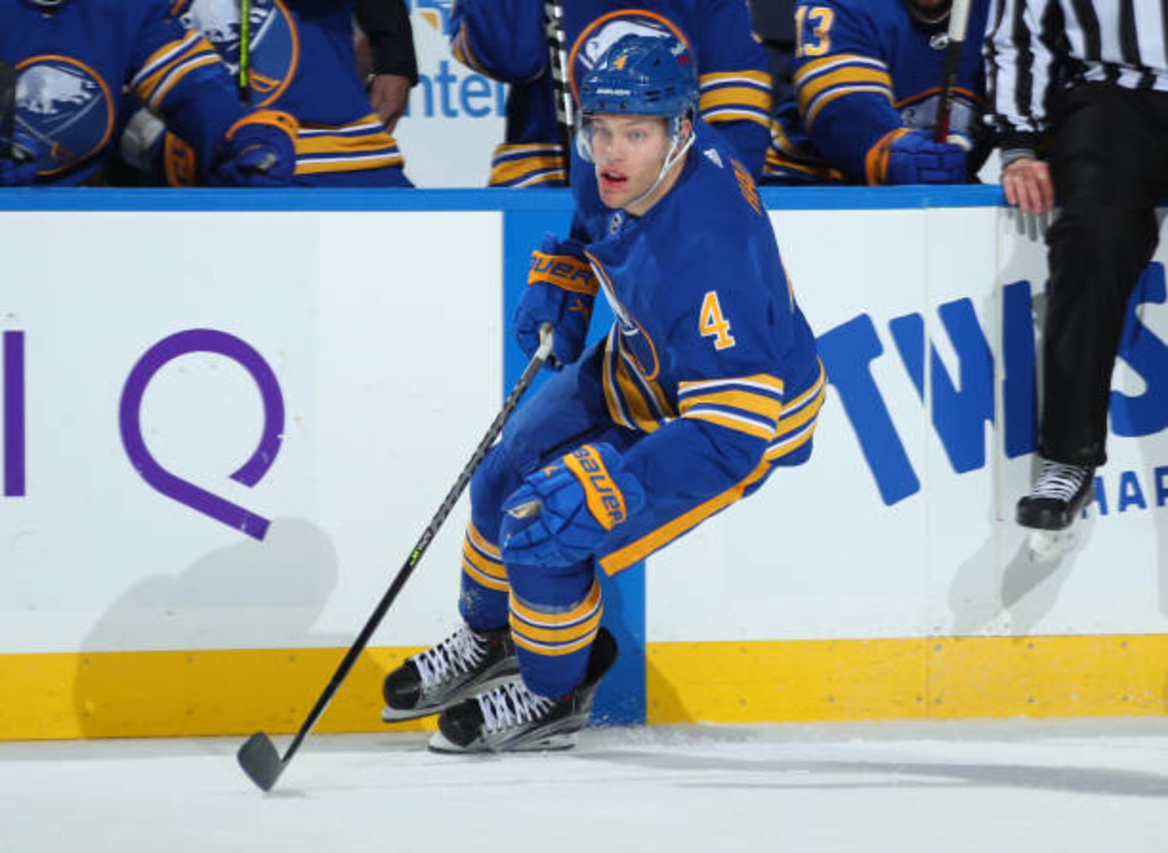 BUFFALO, NY - APRIL 1: Taylor Hall #4 of the Buffalo Sabres skates during an NHL game against the New York Rangers on April 1, 2021 at KeyBank Center in Buffalo, New York. (Photo by Sara Schmidle/NHLI via Getty Images) BUFFALO, NY - APRIL 1: Taylor Hall #4 of the Buffalo Sabres skates during an NHL game against the New York Rangers on April 1, 2021 at KeyBank Center in Buffalo, New York. (Photo by Sara Schmidle/NHLI via Getty Images)