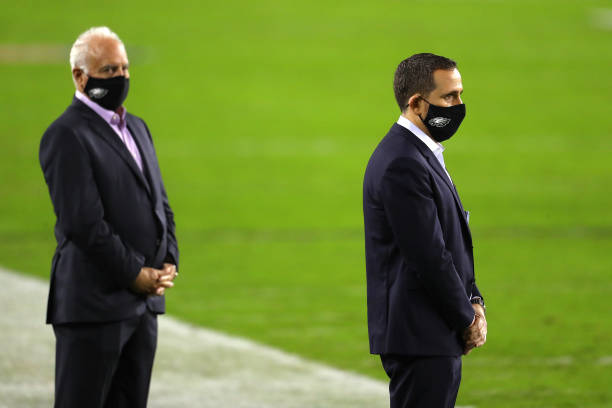 PHILADELPHIA, PENNSYLVANIA - NOVEMBER 30: Howie Roseman, right, and Philadelphia Eagles owner Jeffrey Lurie look on during warm ups against the Seattle Seahawks at Lincoln Financial Field on November 30, 2020 in Philadelphia, Pennsylvania. (Photo by Mitchell Leff/Getty Images)