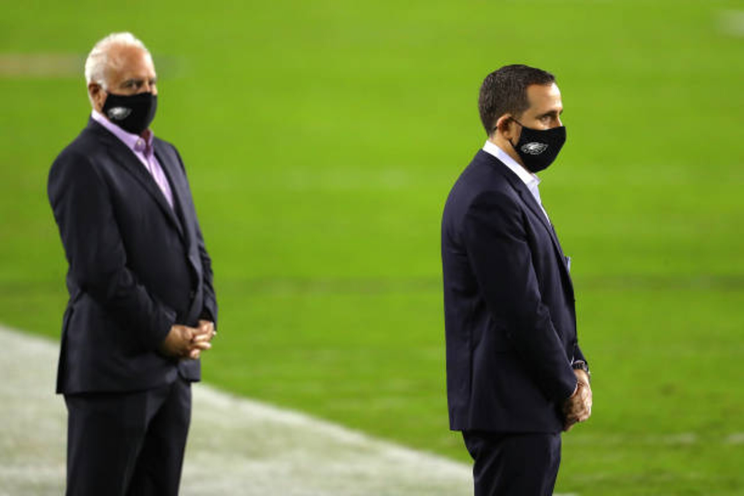 PHILADELPHIA, PENNSYLVANIA - NOVEMBER 30: Howie Roseman, right, and Philadelphia Eagles owner Jeffrey Lurie look on during warm ups against the Seattle Seahawks at Lincoln Financial Field on November 30, 2020 in Philadelphia, Pennsylvania. (Photo by Mitchell Leff/Getty Images) PHILADELPHIA, PENNSYLVANIA - NOVEMBER 30: Howie Roseman, right, and Philadelphia Eagles owner Jeffrey Lurie look on during warm ups against the Seattle Seahawks at Lincoln Financial Field on November 30, 2020 in Philadelphia, Pennsylvania. (Photo by Mitchell Leff/Getty Images)