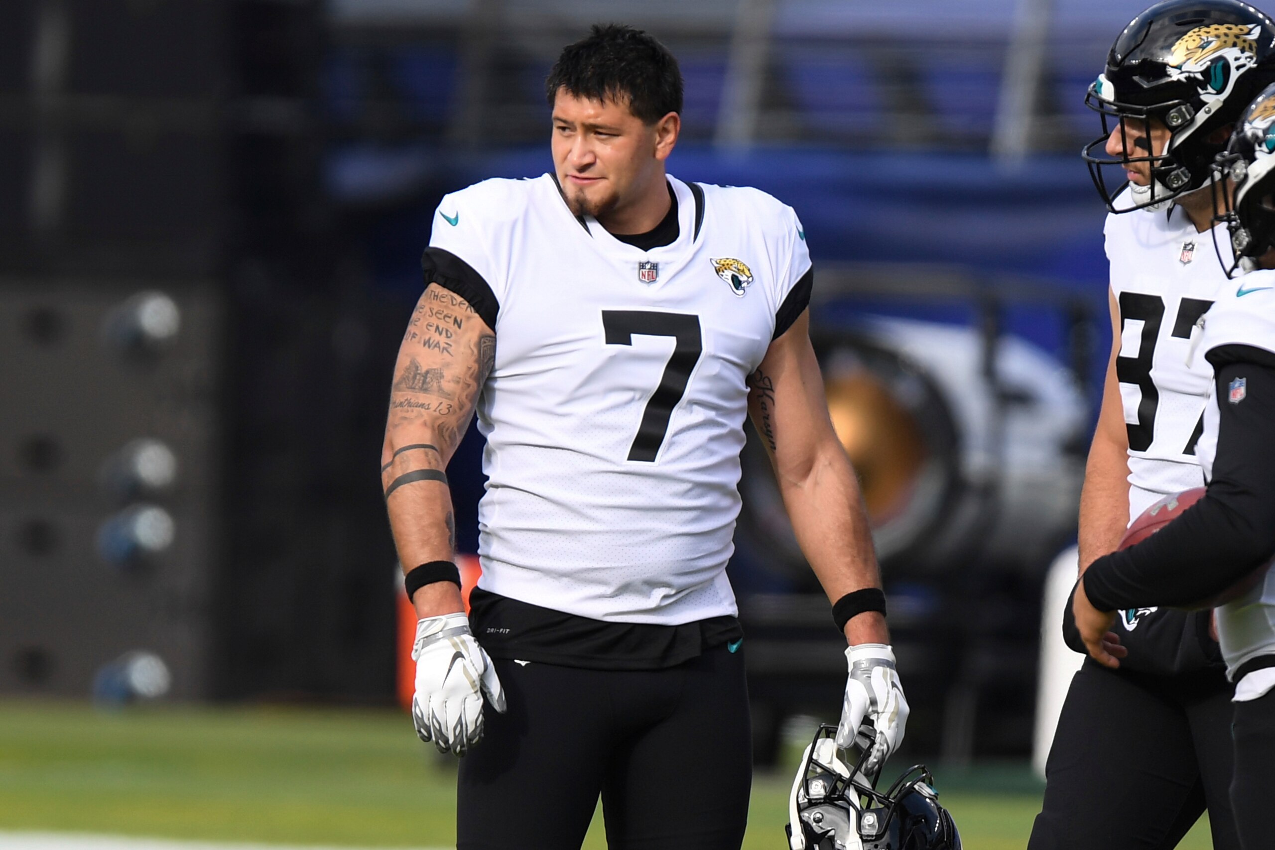 Jacksonville Jaguars place kicker Aldrick Rosas (7) looks on before an NFL football game against the Baltimore Ravens, Sunday, Dec. 20, 2020, in Baltimore. (AP Photo/Terrance Williams)