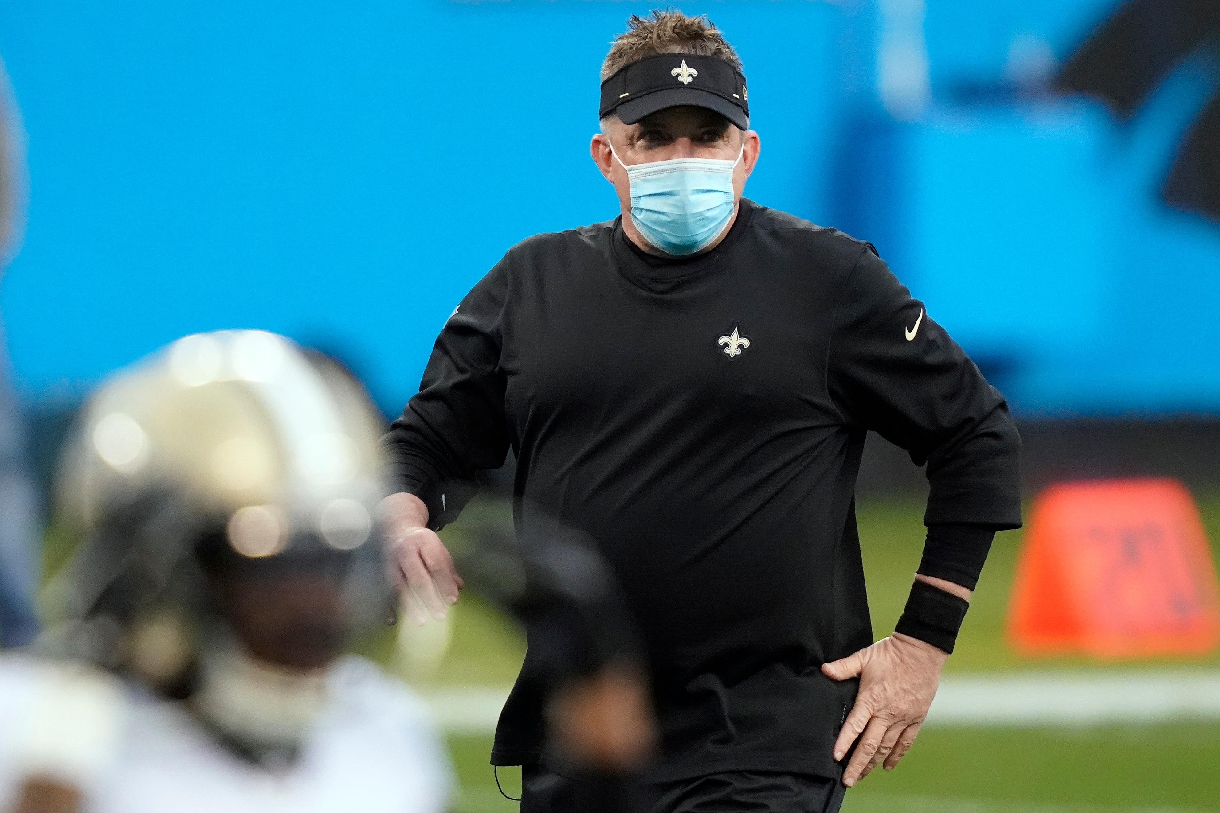 New Orleans Saints head coach Sean Payton is seen prior to an NFL football game against the Carolina Panthers in Charlotte, N.C., Sunday, Jan. 3, 2021. (AP Photo/Gerry Broome)