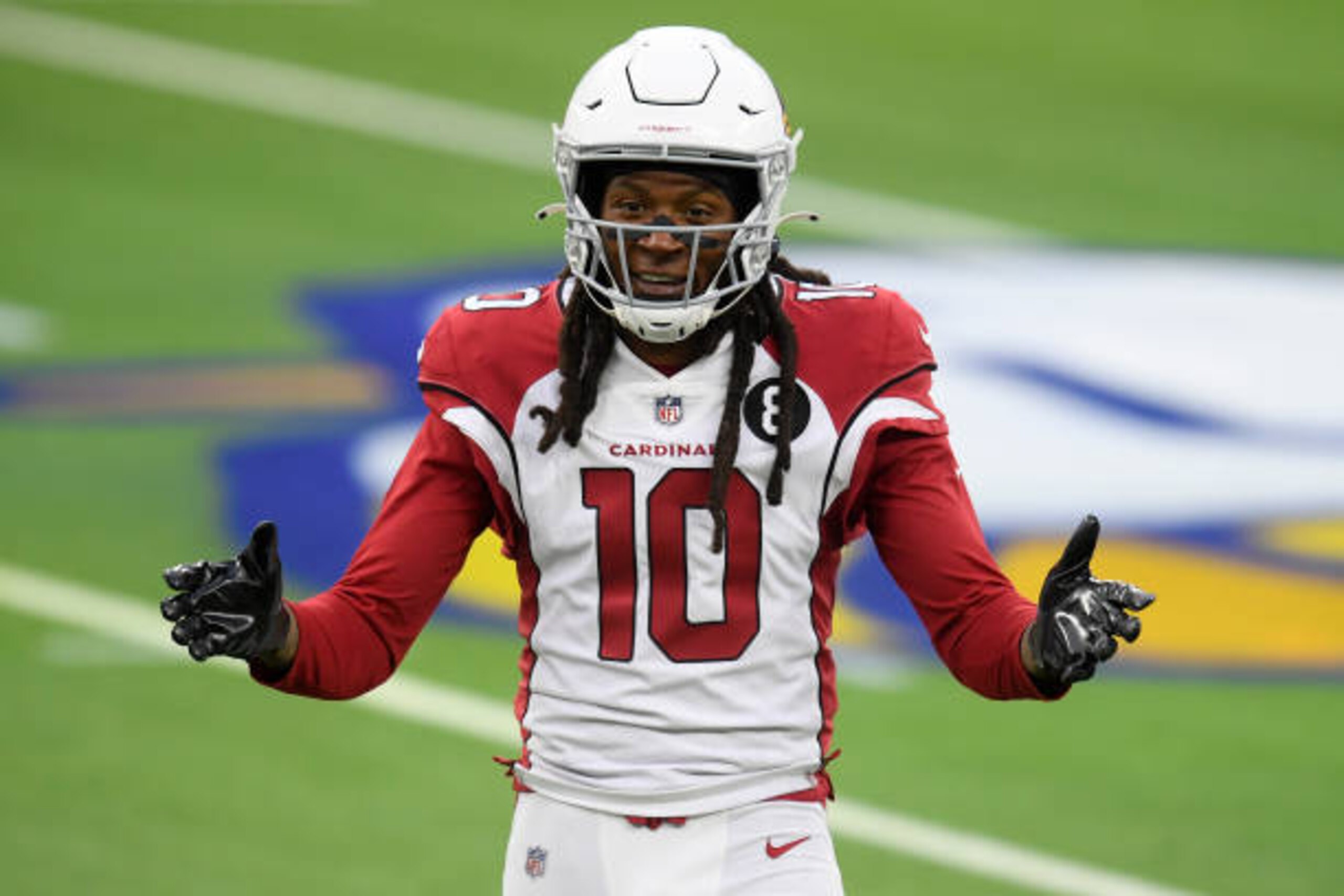 INGLEWOOD, CALIFORNIA - JANUARY 03: DeAndre Hopkins #10 of the Arizona Cardinals reacts to an offensive pass interference call during the third quarter against the Los Angeles Rams at SoFi Stadium on January 03, 2021 in Inglewood, California. (Photo by Harry How/Getty Images)