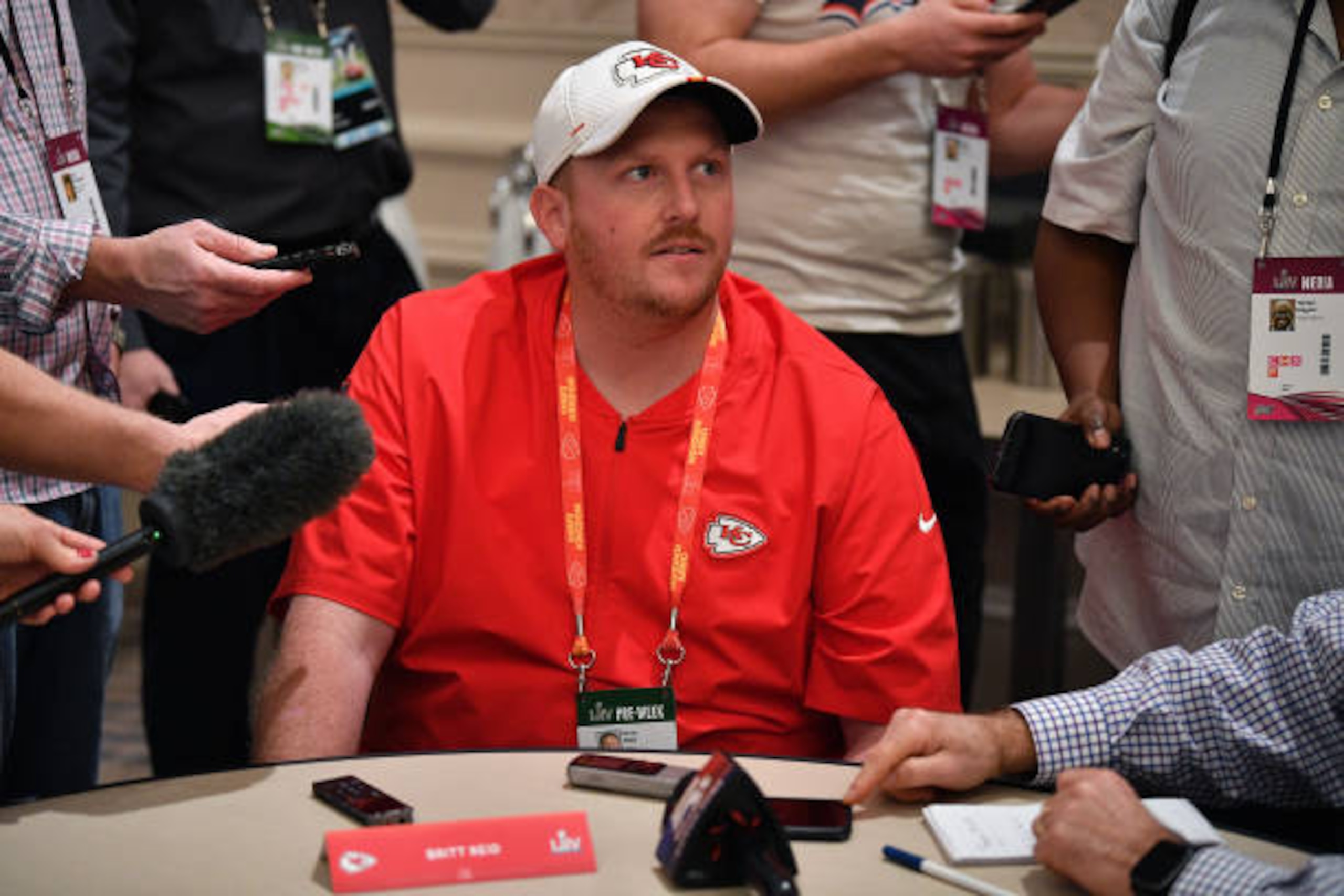 AVENTURA, FLORIDA - JANUARY 29: Britt Reid Linebackers coach for the Kansas City Chiefs speaks to the media during the Kansas City Chiefs media availability prior to Super Bowl LIV at the JW Marriott Turnberry on January 29, 2020 in Aventura, Florida. (Photo by Mark Brown/Getty Images) AVENTURA, FLORIDA - JANUARY 29: Britt Reid Linebackers coach for the Kansas City Chiefs speaks to the media during the Kansas City Chiefs media availability prior to Super Bowl LIV at the JW Marriott Turnberry on January 29, 2020 in Aventura, Florida. (Photo by Mark Brown/Getty Images)