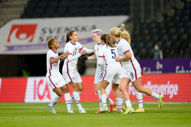 SOLNA, SWEDEN - APRIL 10: Megan Rapinoe #15 of the United States scores a PK goal and celebrates during a game between Sweden and USWNT at Friends Arena on April 10, 2021 in Solna, Sweden. (Photo by Brad Smith/ISI Photos/Getty Images)