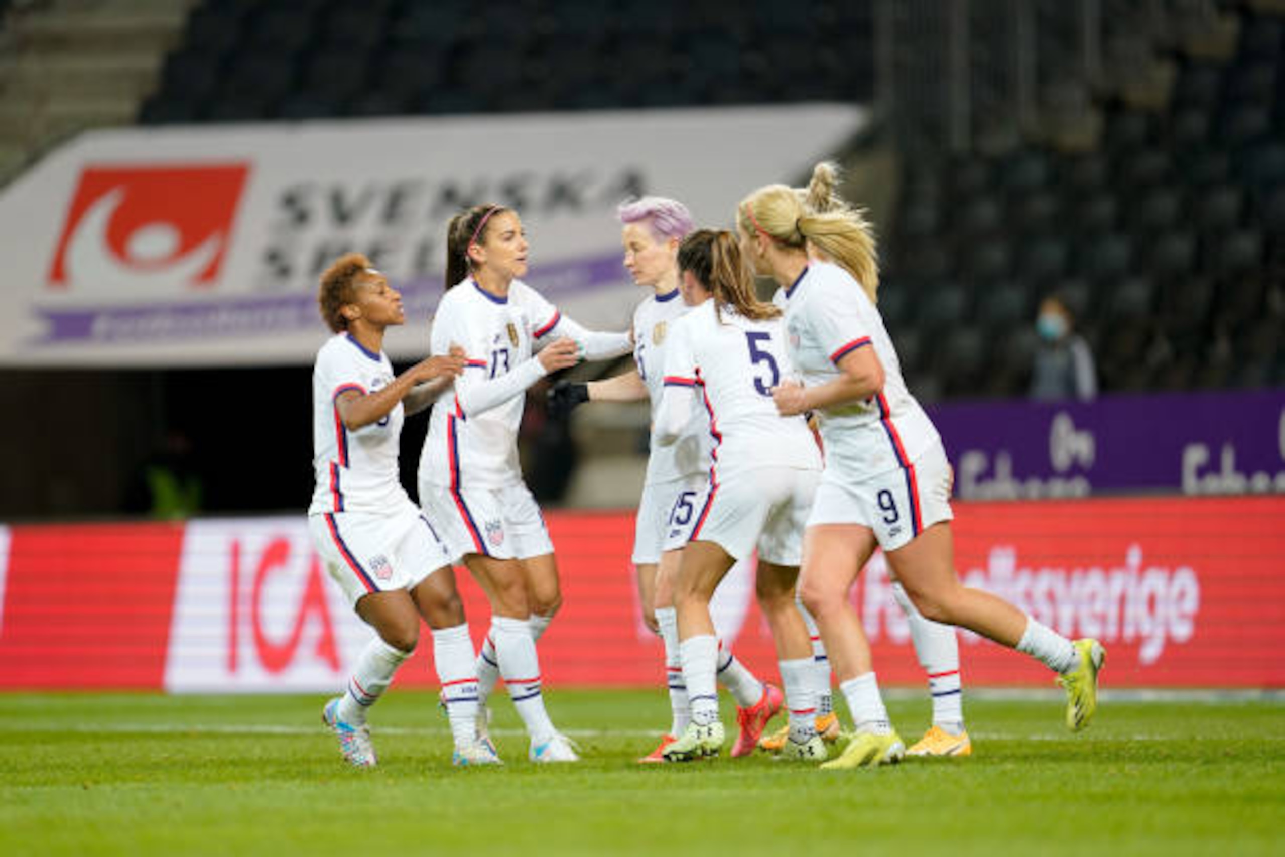 SOLNA, SWEDEN - APRIL 10: Megan Rapinoe #15 of the United States scores a PK goal and celebrates during a game between Sweden and USWNT at Friends Arena on April 10, 2021 in Solna, Sweden. (Photo by Brad Smith/ISI Photos/Getty Images)