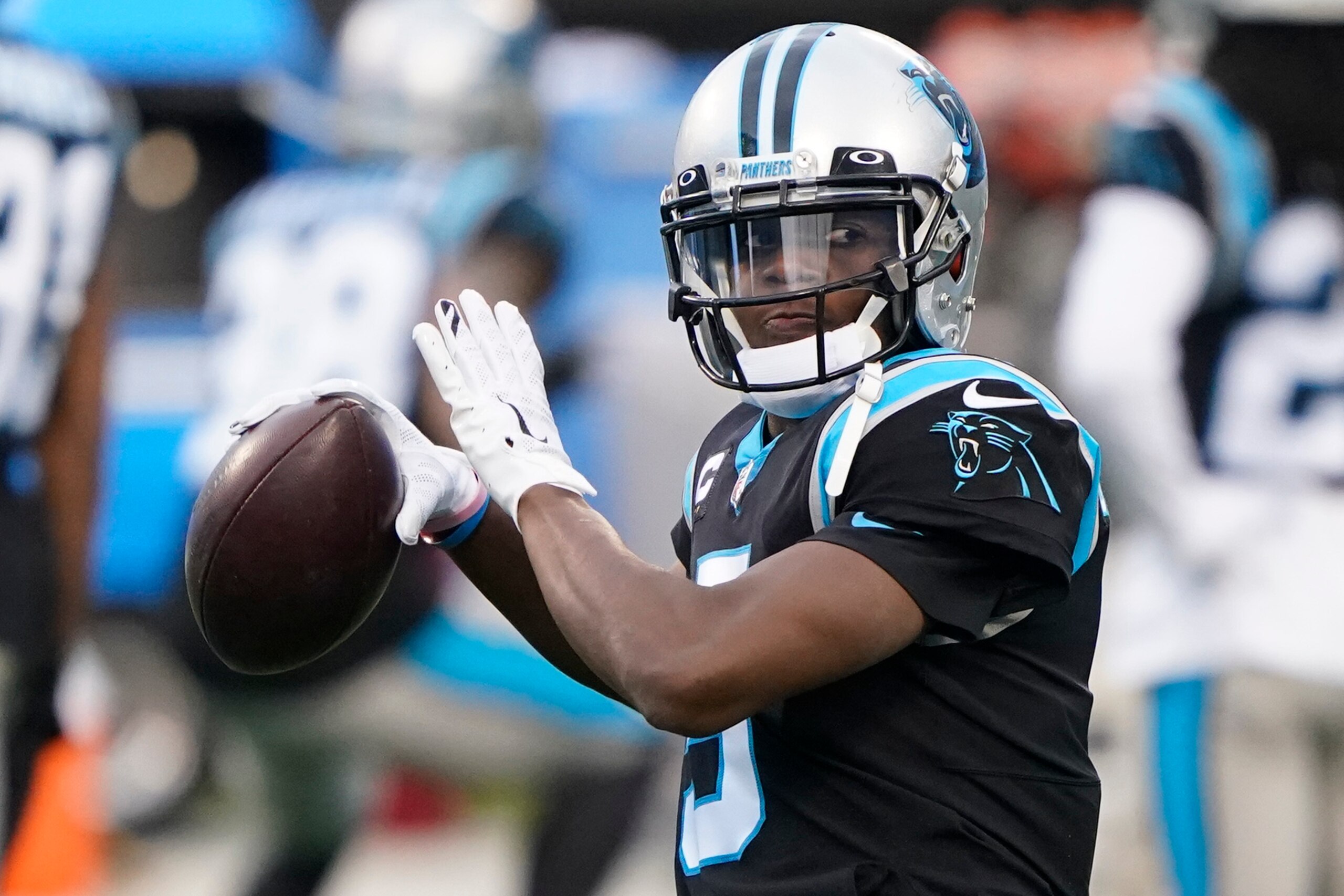 Carolina Panthers quarterback Teddy Bridgewater warms up before an NFL football game against the New Orleans Saints Sunday, Jan. 3, 2021, in Charlotte, N.C. (AP Photo/Brian Blanco)