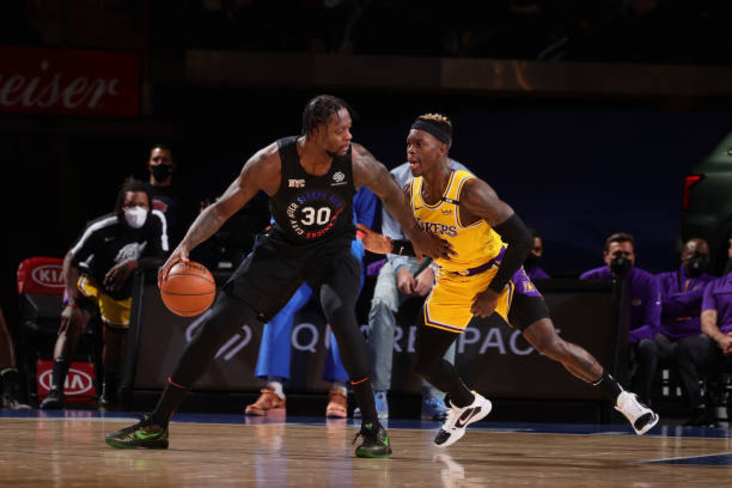 NEW YORK, NY - APRIL 12: Dennis Schroder #17 of the Los Angeles Lakers plays defense on Julius Randle #30 of the New York Knicks during the game on April 12, 2021 at Madison Square Garden in New York City, New York.  NOTE TO USER: User expressly acknowledges and agrees that, by downloading and or using this photograph, User is consenting to the terms and conditions of the Getty Images License Agreement. Mandatory Copyright Notice: Copyright 2021 NBAE  (Photo by Nathaniel S. Butler/NBAE via Getty Images)