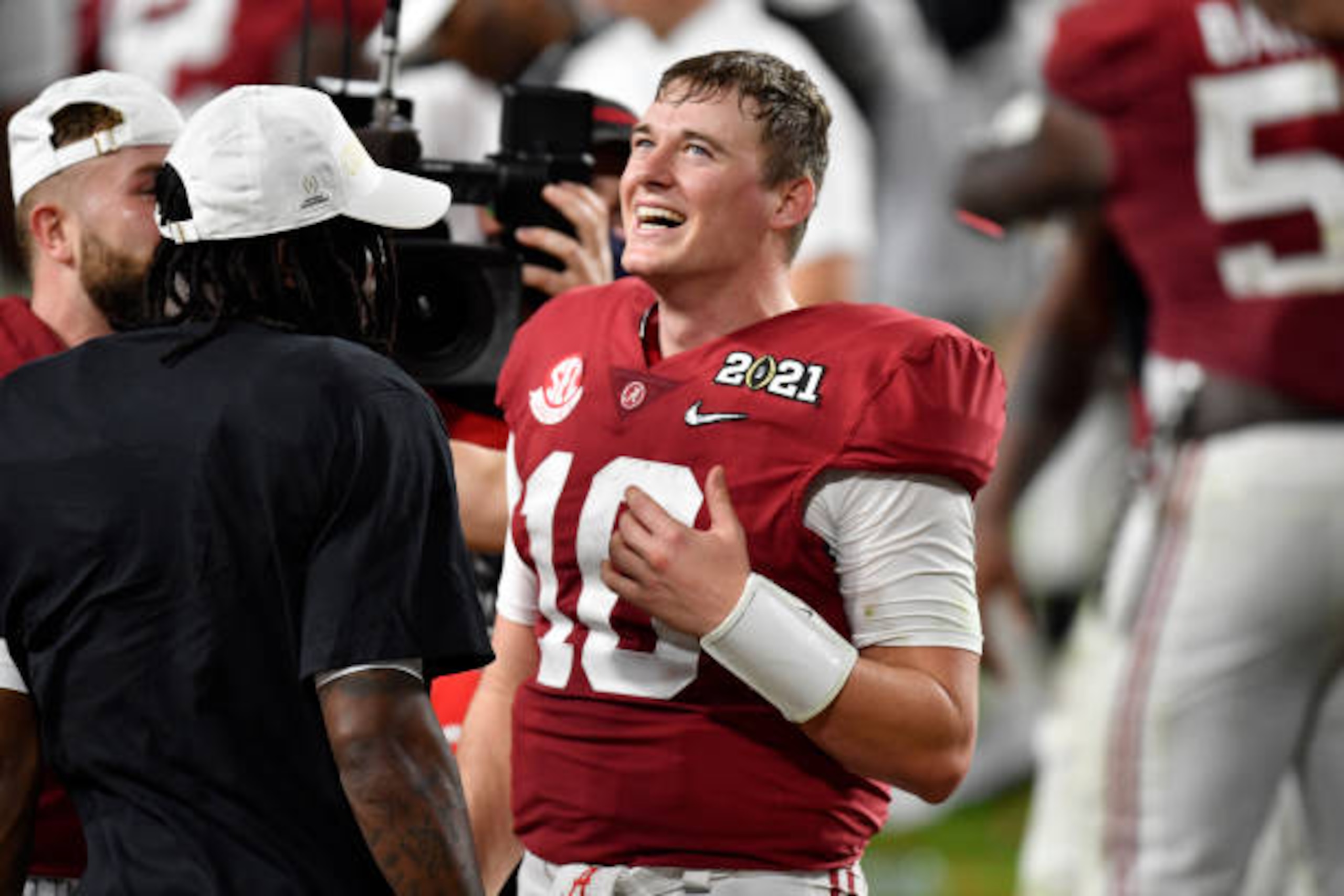 MIAMI GARDENS, FLORIDA - JANUARY 11: Mac Jones #10 of the Alabama Crimson Tide smiles after the College Football Playoff National Championship football game against the Ohio State Buckeyes at Hard Rock Stadium on January 11, 2021 in Miami Gardens, Florida. The Alabama Crimson Tide defeated the Ohio State Buckeyes 52-24. (Photo by Alika Jenner/Getty Images)