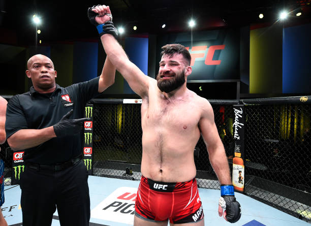 LAS VEGAS, NEVADA - APRIL 10: Julian Marquez reacts after his submission victory over Sam Alvey in a middleweight fight during the UFC Fight Night event at UFC APEX on April 10, 2021 in Las Vegas, Nevada. (Photo by Chris Unger/Zuffa LLC)