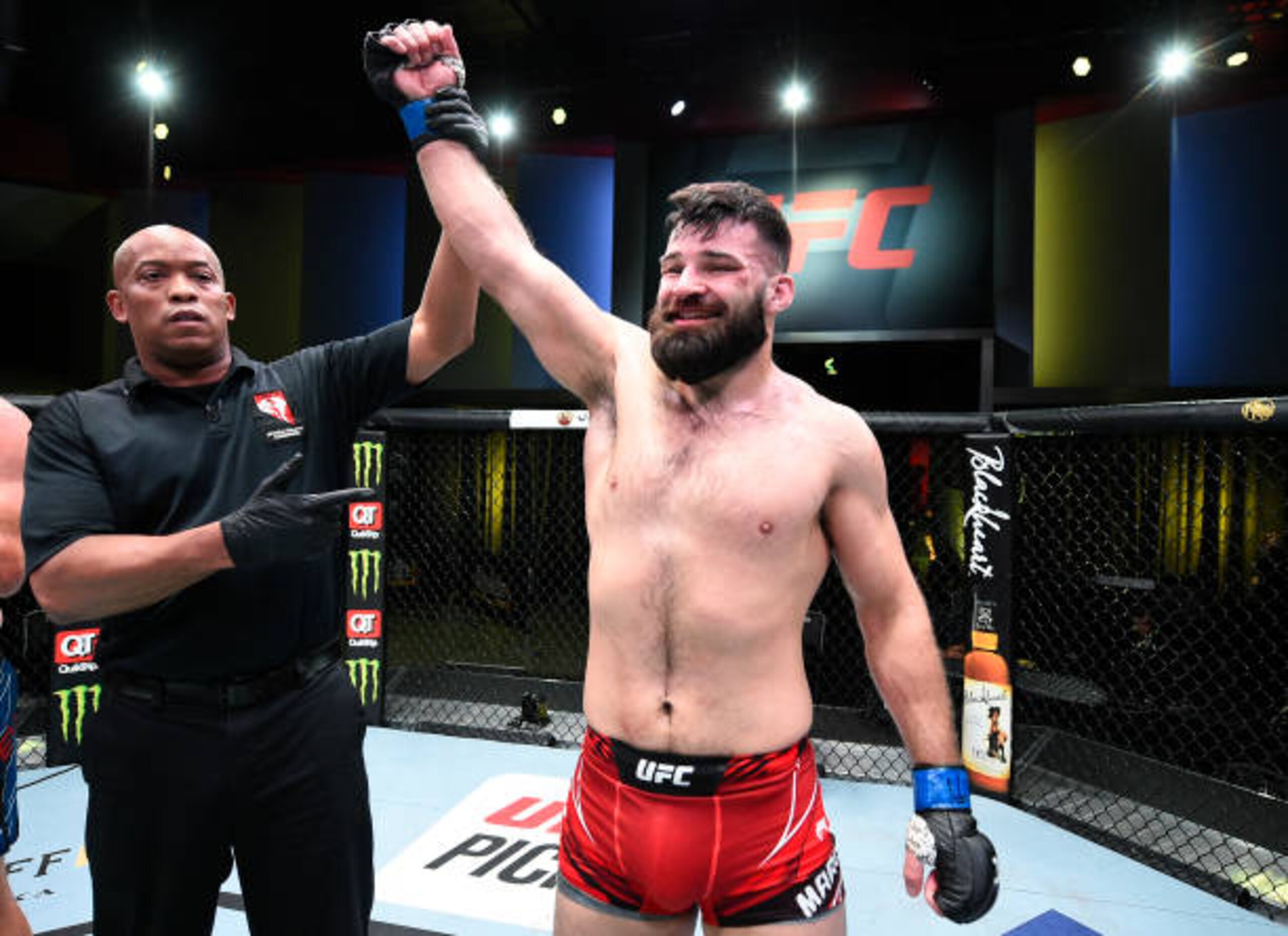 LAS VEGAS, NEVADA - APRIL 10: Julian Marquez reacts after his submission victory over Sam Alvey in a middleweight fight during the UFC Fight Night event at UFC APEX on April 10, 2021 in Las Vegas, Nevada. (Photo by Chris Unger/Zuffa LLC)